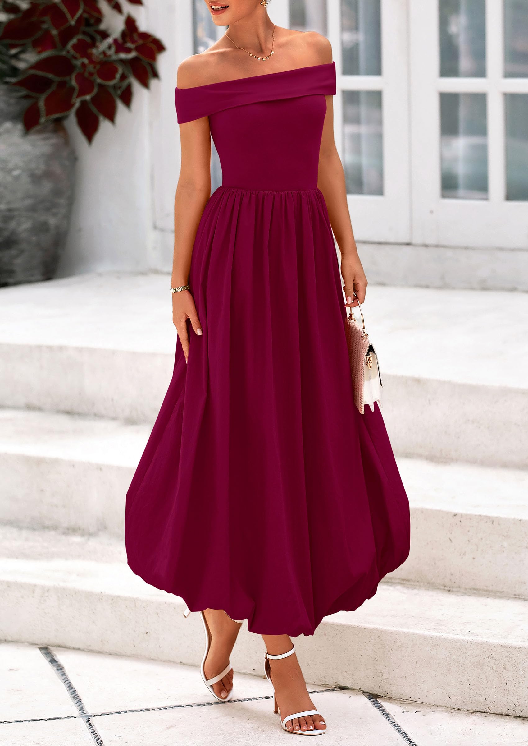 Foto 5 pulgar | Vestido Prettygarden De Verano Con Hombros Descubiertos Para Mujer, Color Rojo Vino - Venta Internacional.