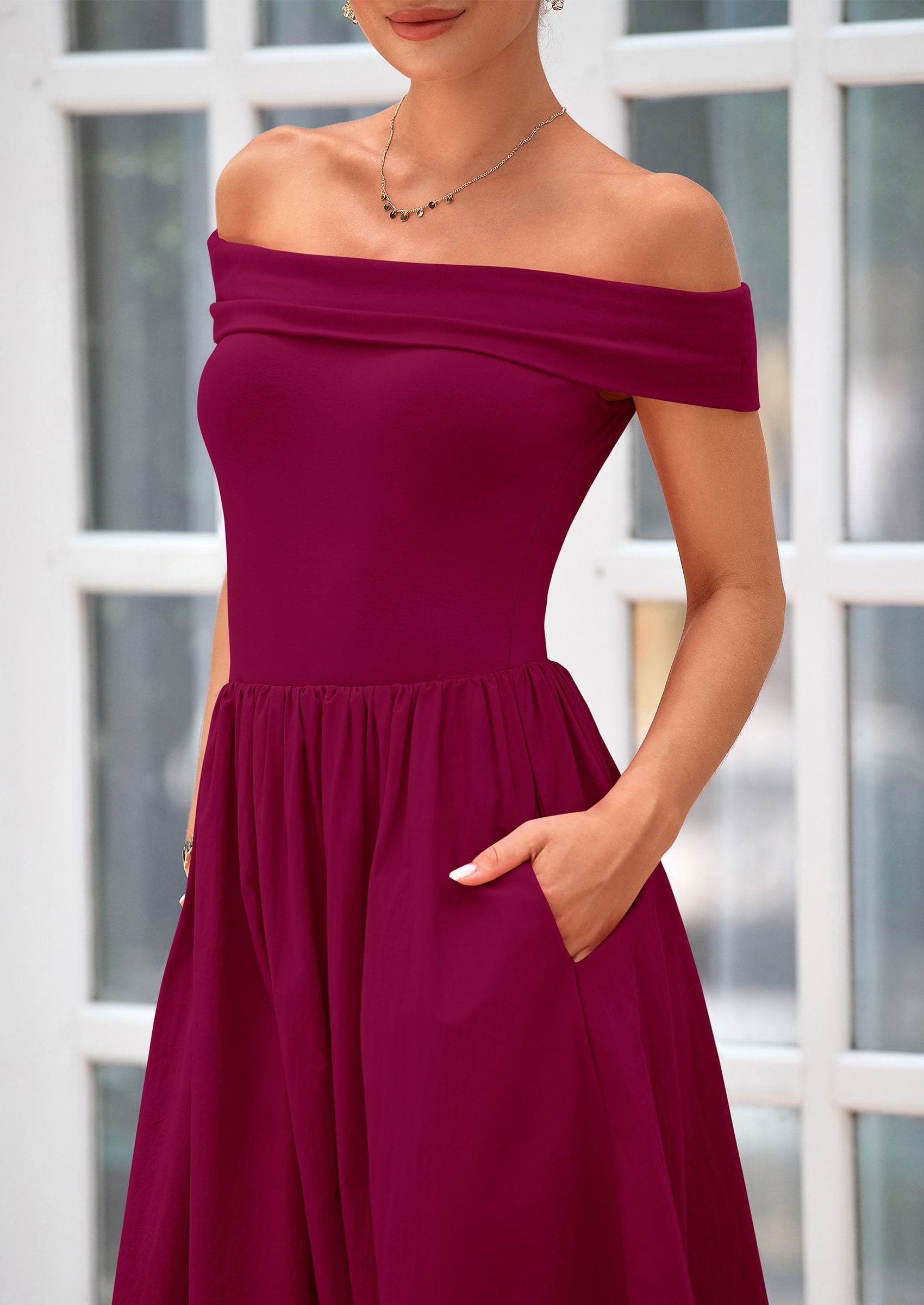 Foto 6 pulgar | Vestido Prettygarden De Verano Con Hombros Descubiertos Para Mujer, Color Rojo Vino - Venta Internacional.