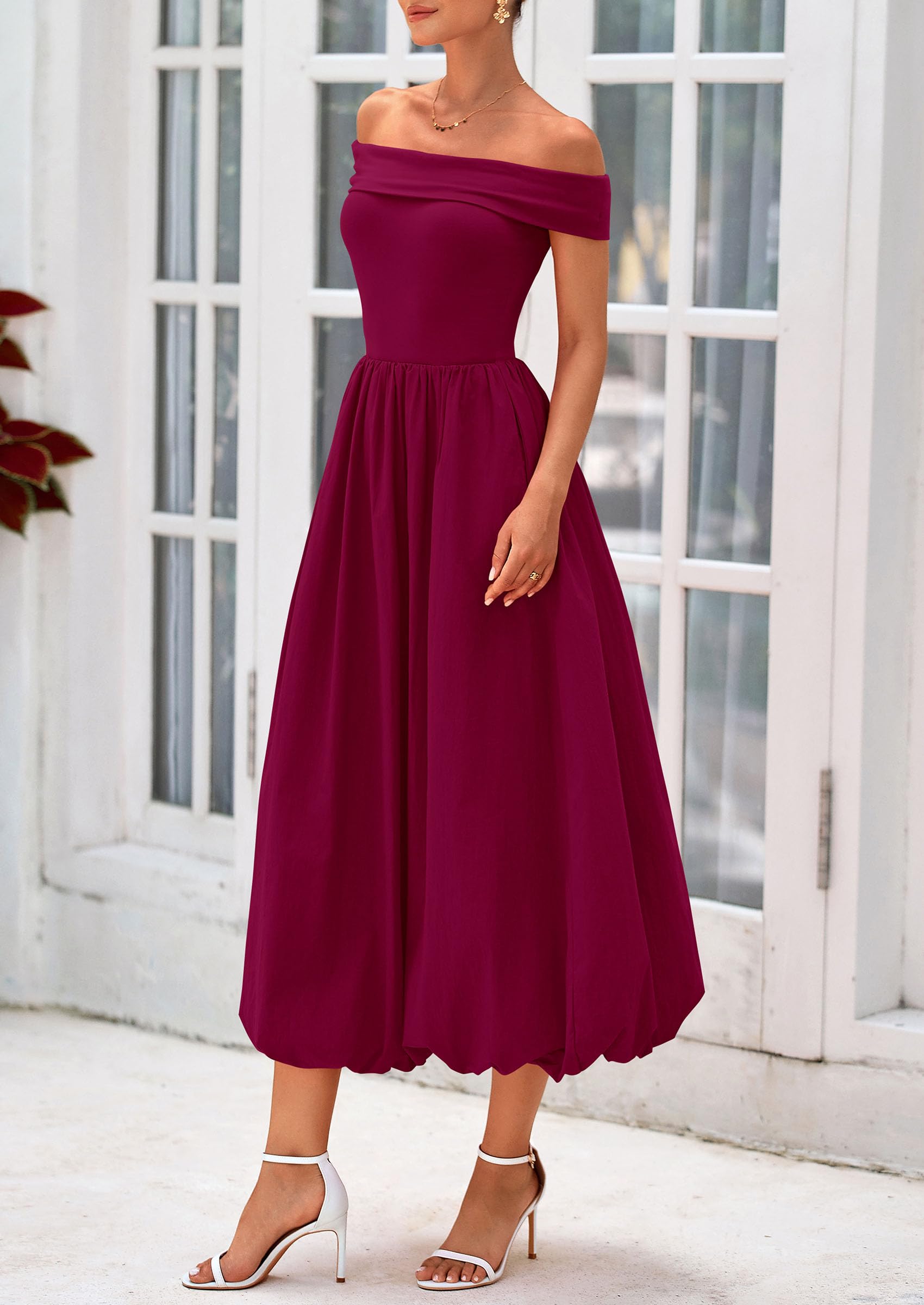 Foto 8 pulgar | Vestido Prettygarden De Verano Con Hombros Descubiertos Para Mujer, Color Rojo Vino - Venta Internacional.