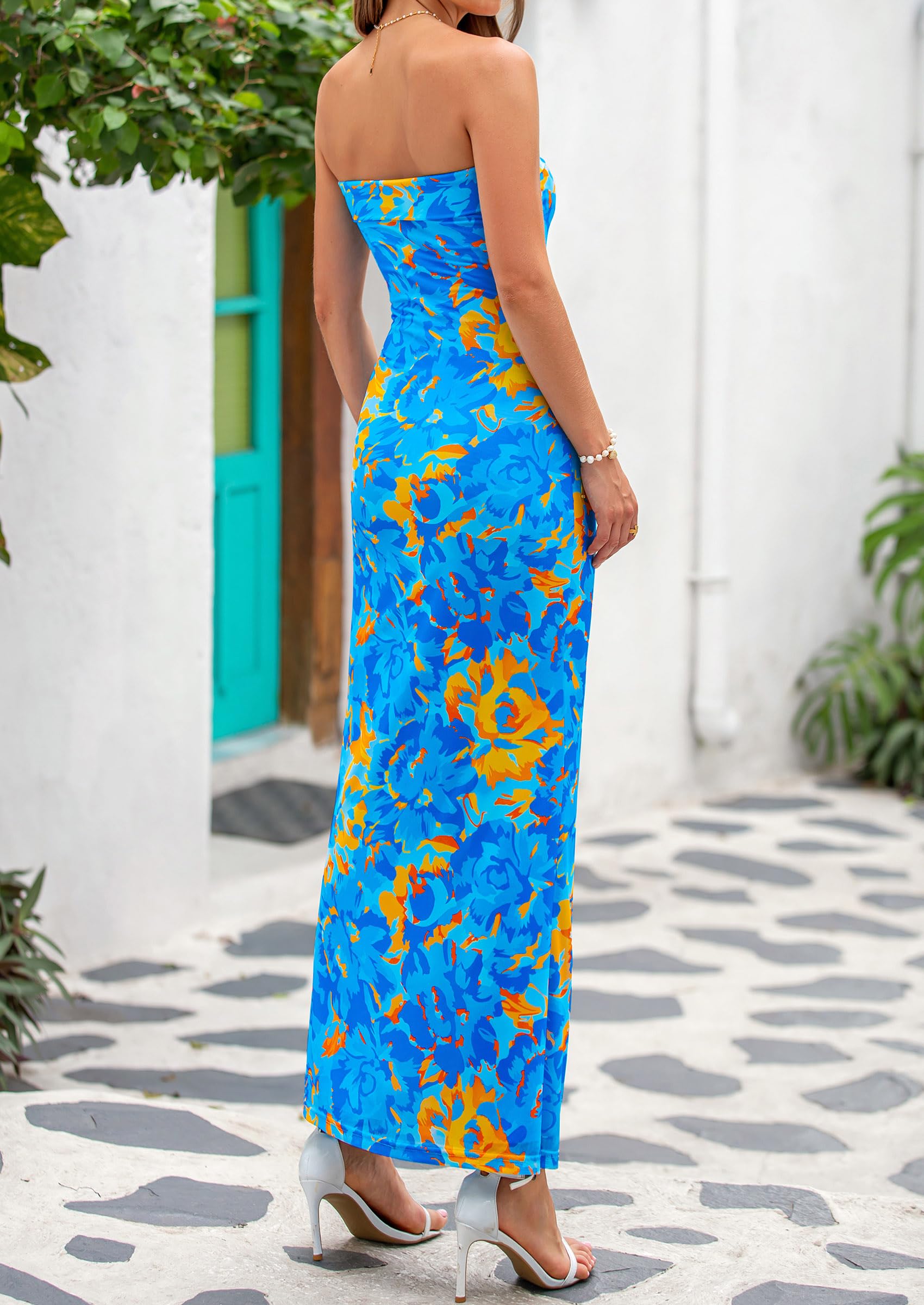 Foto 3 pulgar | Vestido Largo Prettygarden Sin Tirantes Con Estampado Floral Para Mujer, Azul - Venta Internacional.