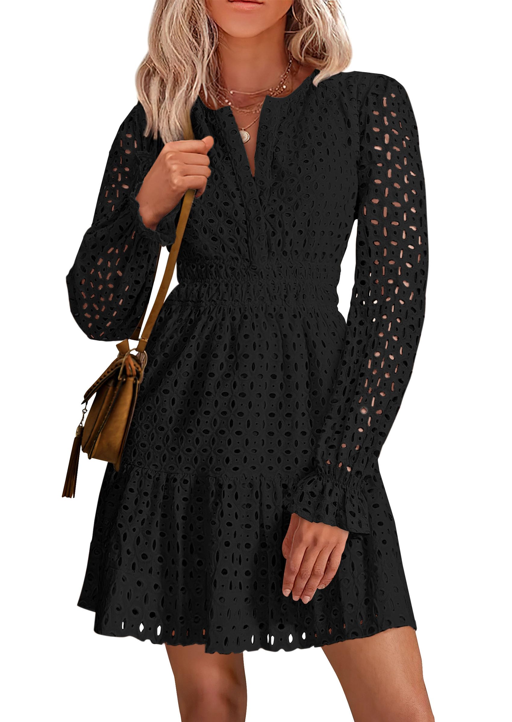 Minivestido Prettygarden 2025 Para Mujer, Manga Larga, Cuello En V, Negro - Venta Internacional.