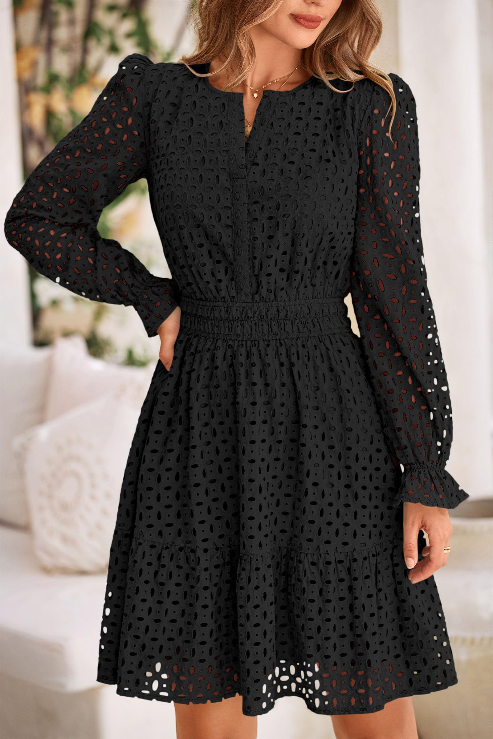 Foto 5 pulgar | Minivestido Prettygarden 2025 Para Mujer, Manga Larga, Cuello En V, Negro - Venta Internacional.