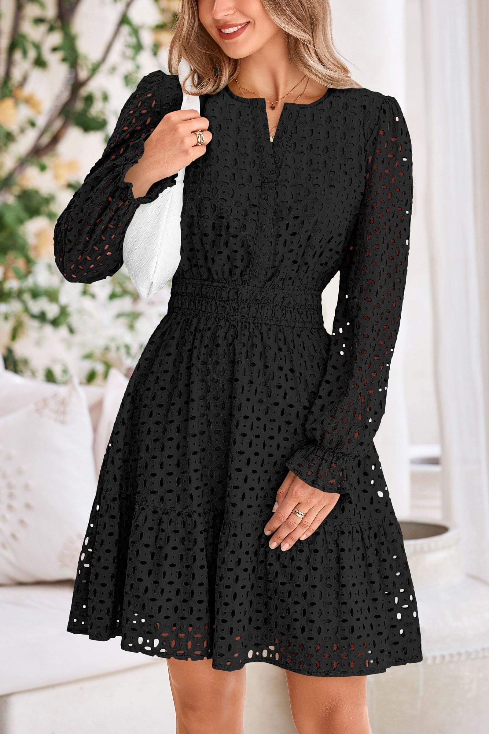 Foto 6 pulgar | Minivestido Prettygarden 2025 Para Mujer, Manga Larga, Cuello En V, Negro - Venta Internacional.