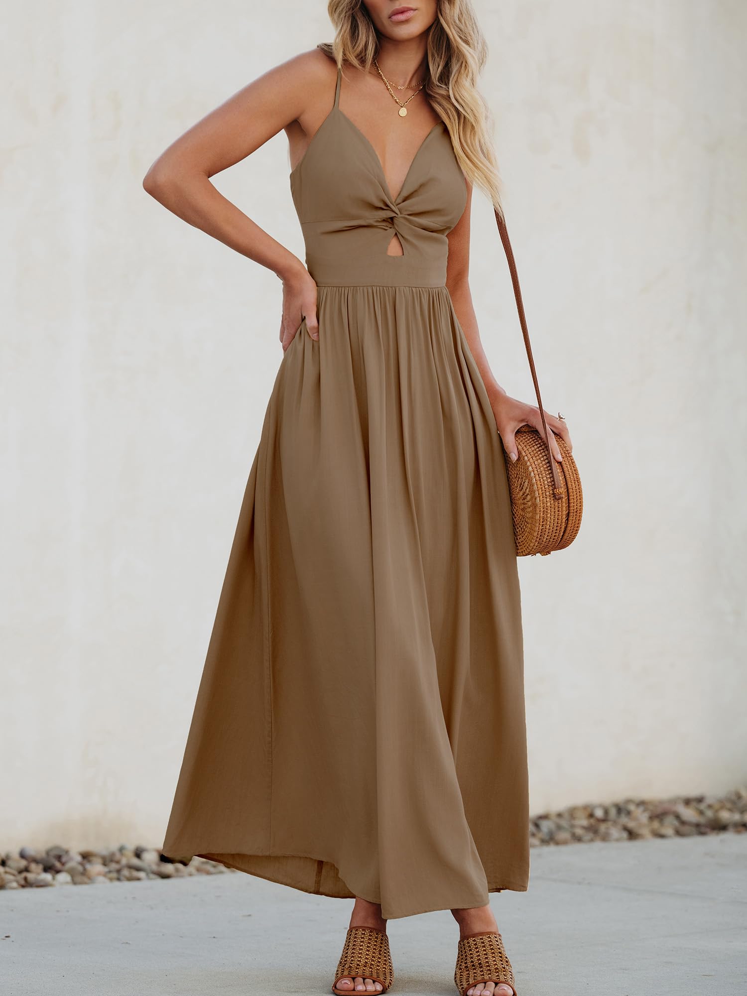 Foto 2 | Vestido Largo Cupshe Para Mujer, Cuello En V, Sin Mangas, Playa, Verano, Café - Venta Internacional.