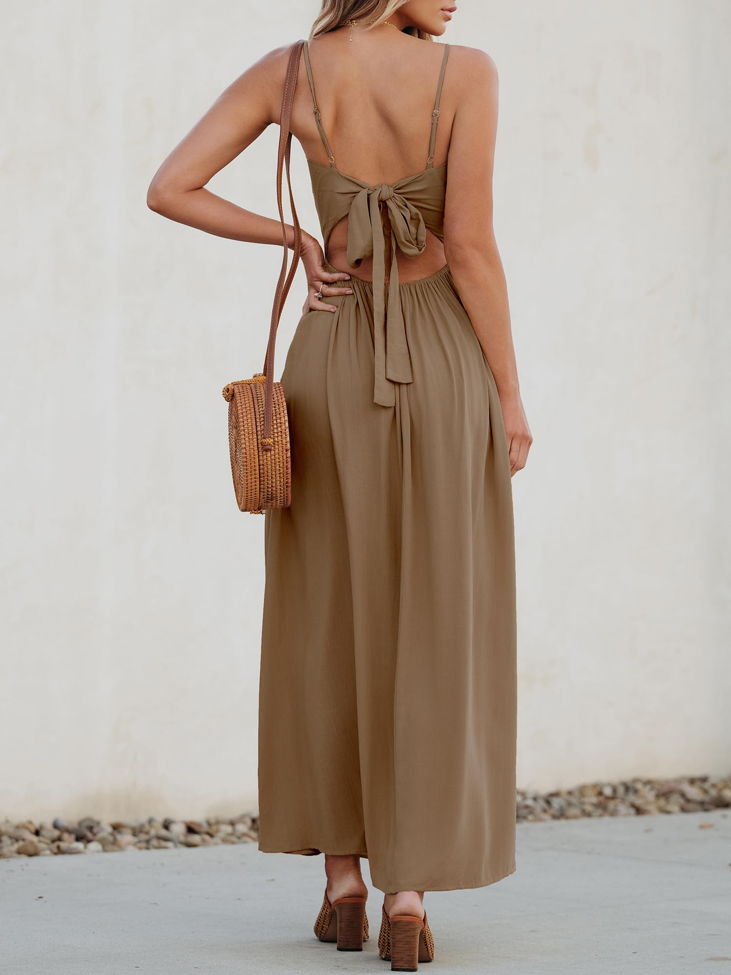 Foto 3 | Vestido Largo Cupshe Para Mujer, Cuello En V, Sin Mangas, Playa, Verano, Café - Venta Internacional.