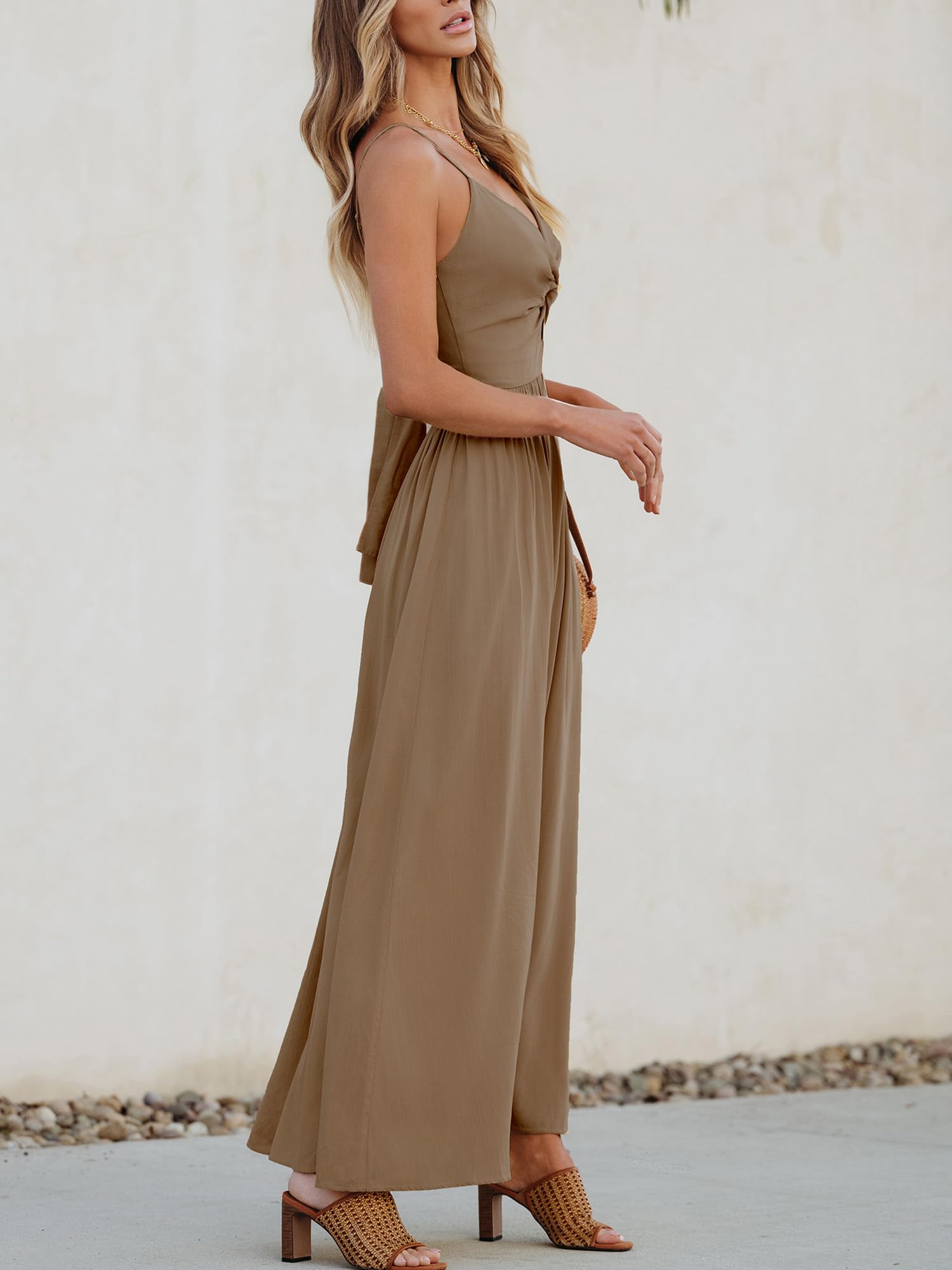 Foto 5 pulgar | Vestido Largo Cupshe Para Mujer, Cuello En V, Sin Mangas, Playa, Verano, Café - Venta Internacional.