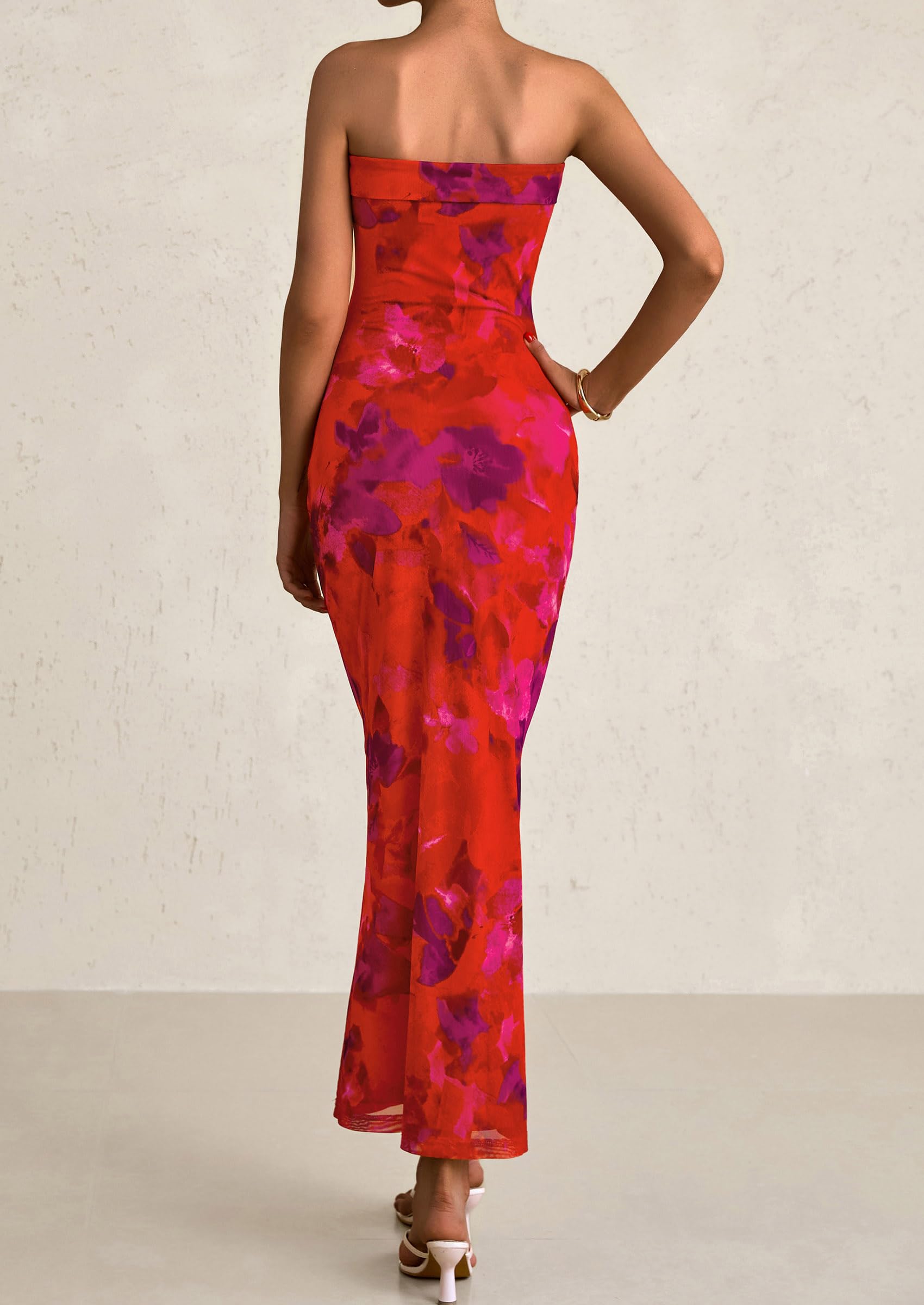 Foto 3 pulgar | Vestido Largo Sin Tirantes Con Estampado Floral Prettygarden Para Mujer - Venta Internacional.