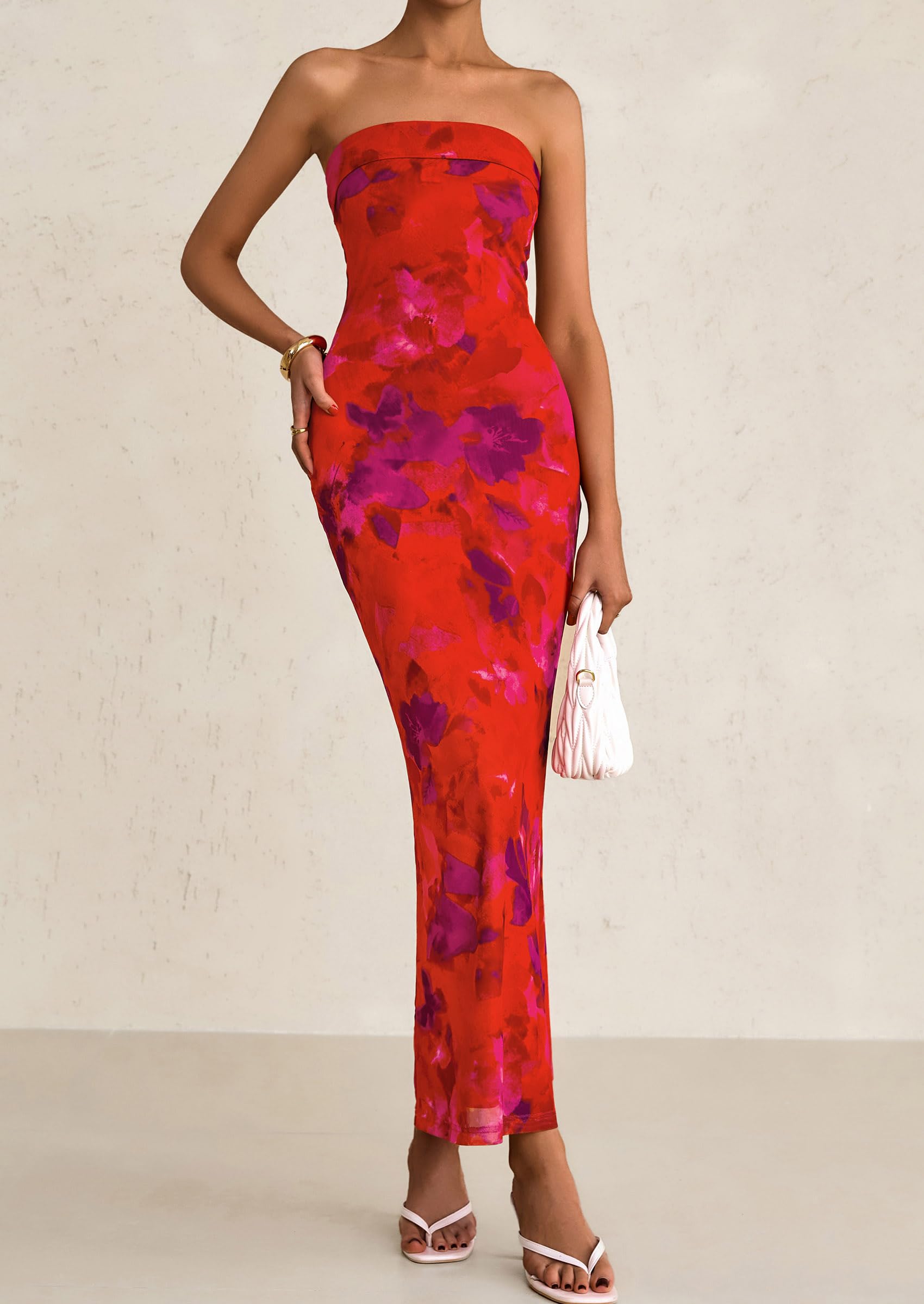 Foto 4 pulgar | Vestido Largo Sin Tirantes Con Estampado Floral Prettygarden Para Mujer - Venta Internacional.