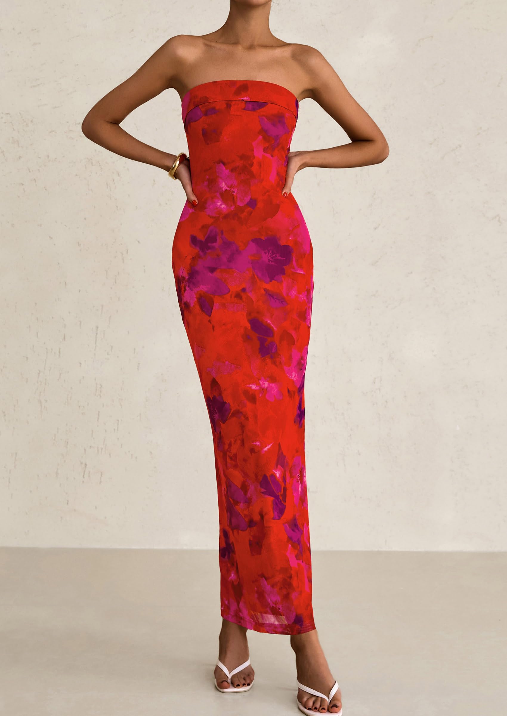 Foto 4 | Vestido Largo Sin Tirantes Con Estampado Floral Prettygarden Para Mujer - Venta Internacional.