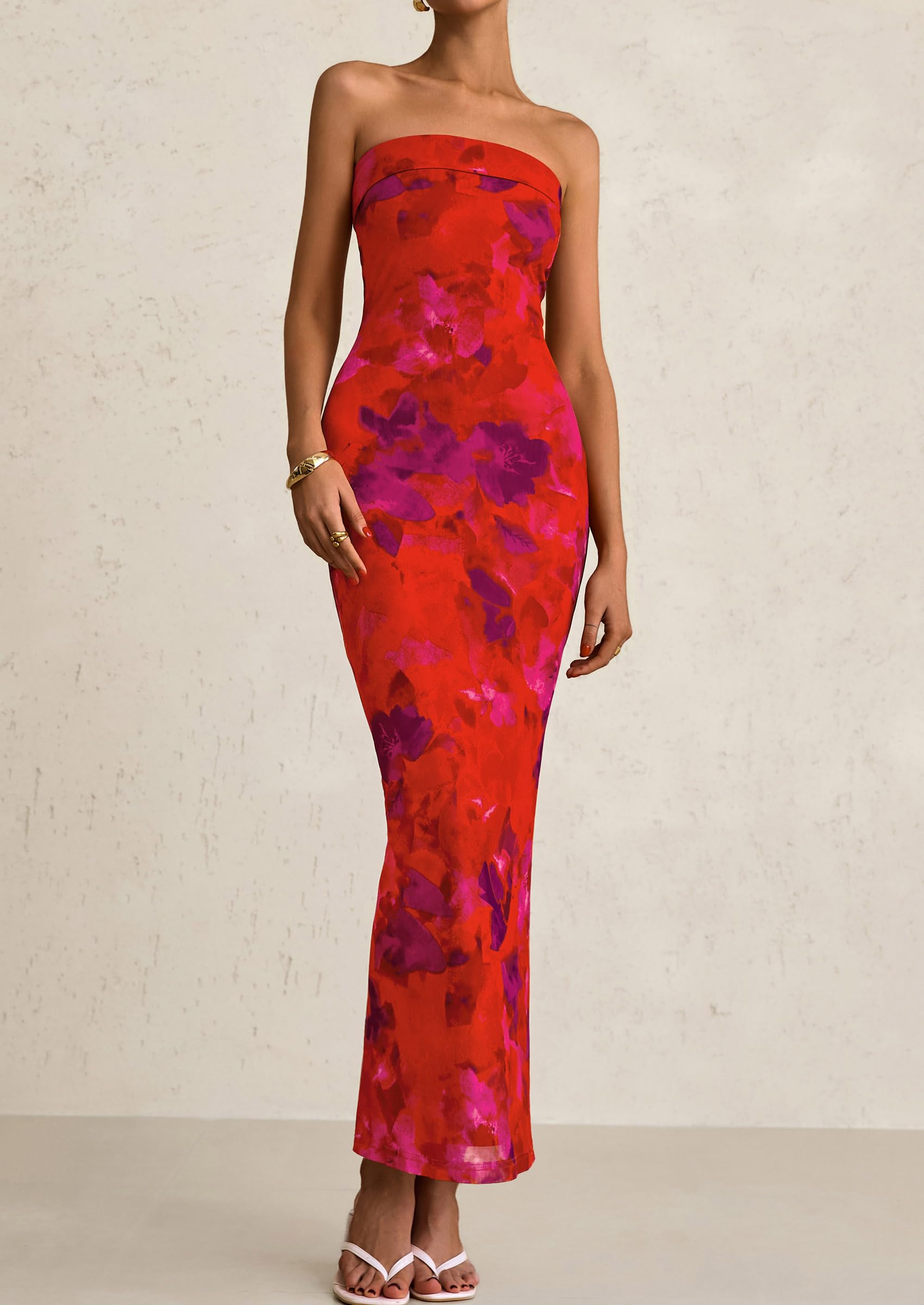 Foto 6 pulgar | Vestido Largo Sin Tirantes Con Estampado Floral Prettygarden Para Mujer - Venta Internacional.