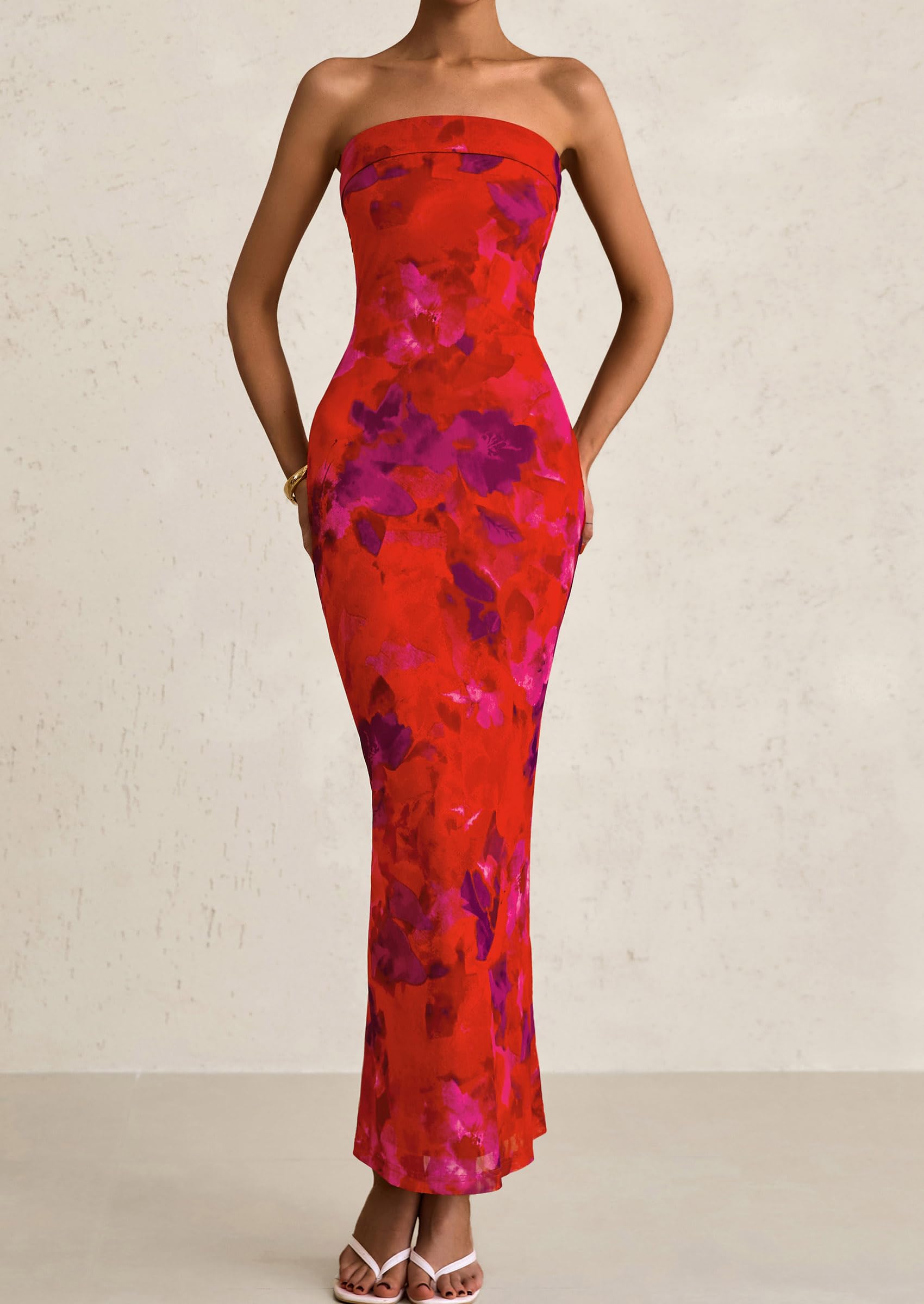 Foto 7 | Vestido Largo Sin Tirantes Con Estampado Floral Prettygarden Para Mujer - Venta Internacional.