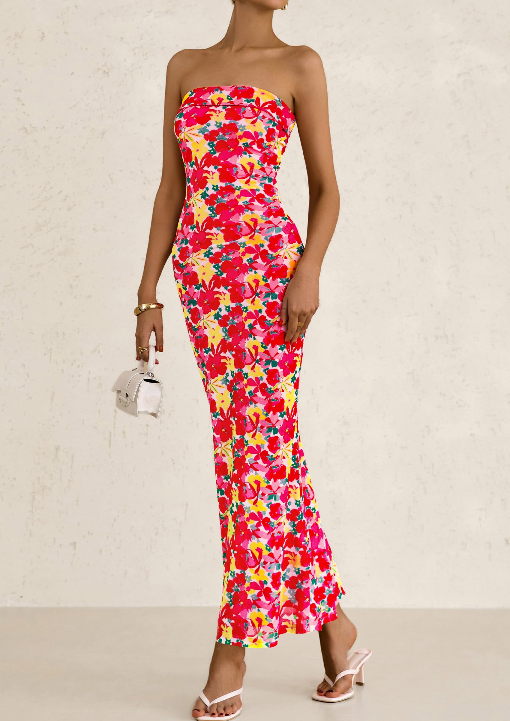 Foto 4 pulgar | Vestido Largo Sin Tirantes Con Estampado Floral Prettygarden Para Mujer - Venta Internacional.