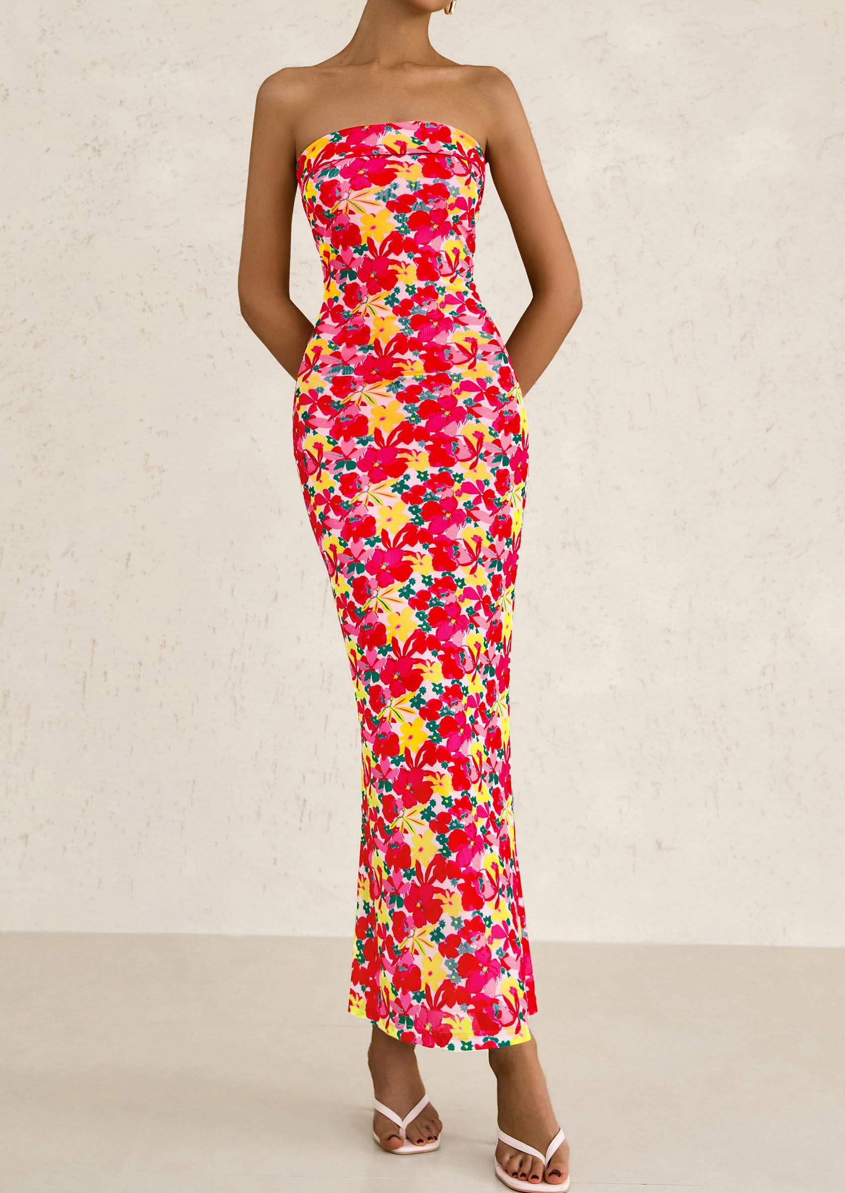 Foto 5 pulgar | Vestido Largo Sin Tirantes Con Estampado Floral Prettygarden Para Mujer - Venta Internacional.