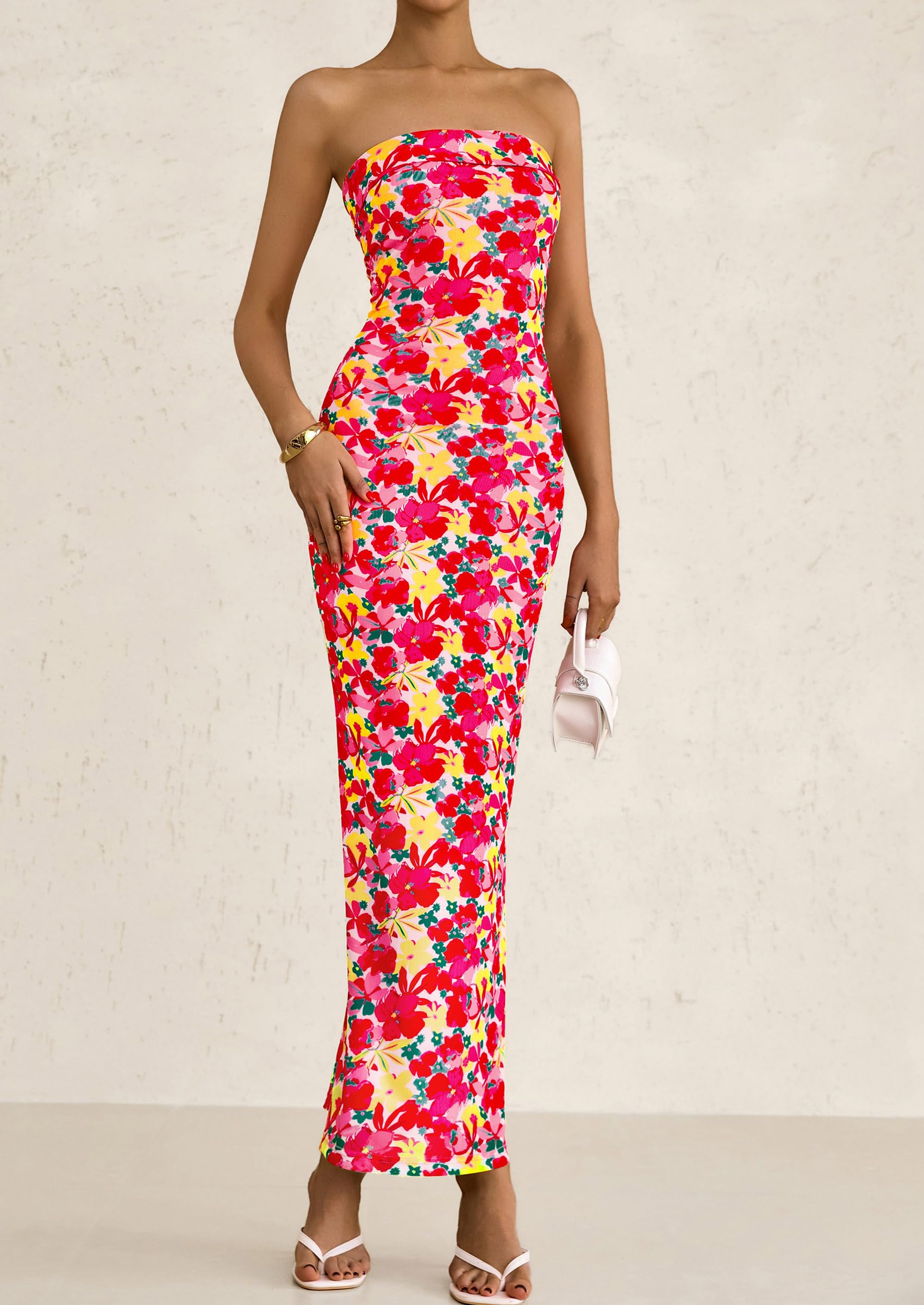 Foto 6 pulgar | Vestido Largo Sin Tirantes Con Estampado Floral Prettygarden Para Mujer - Venta Internacional.
