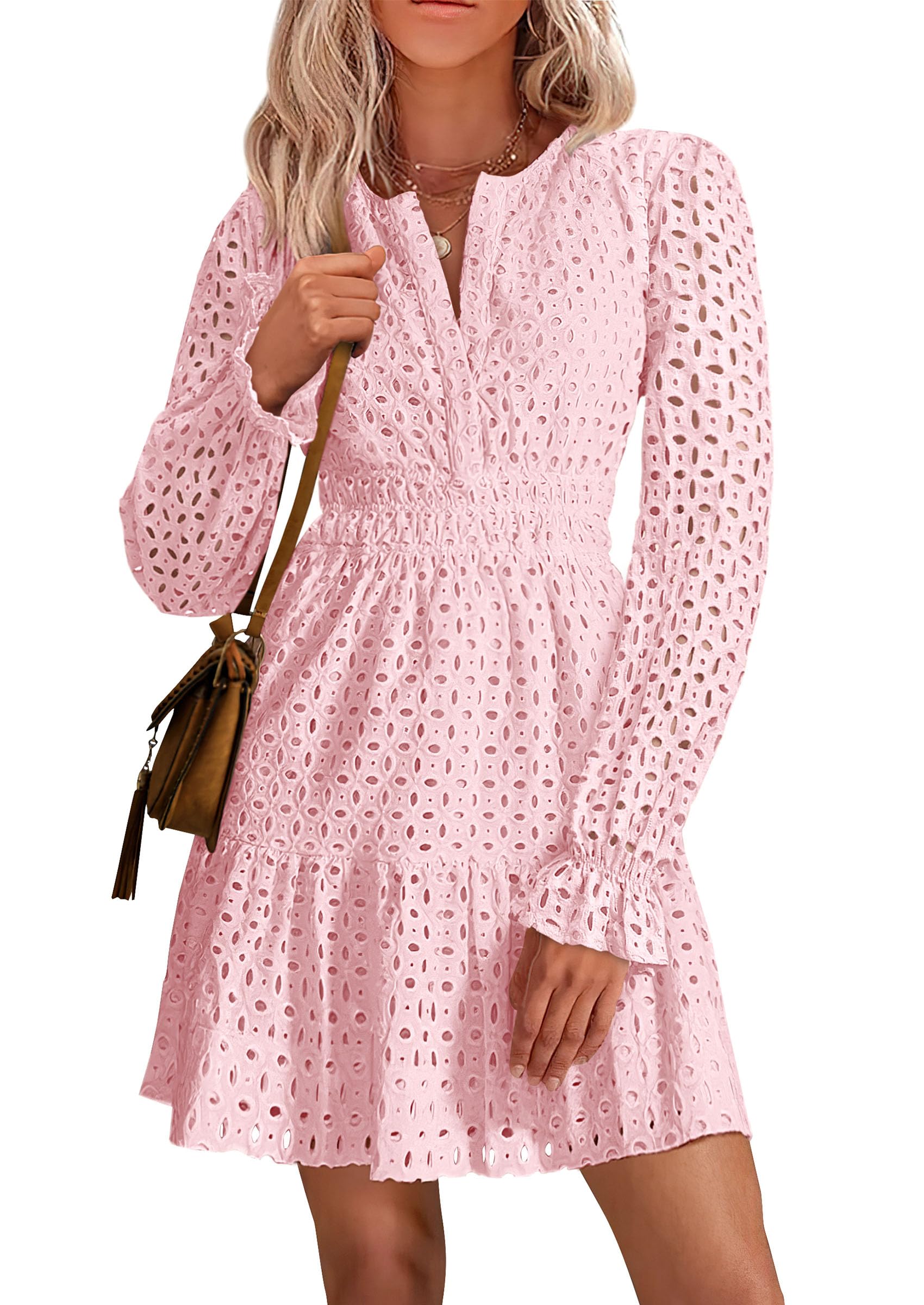 Minivestido Prettygarden 2025 Para Mujer, Manga Larga, Cuello En V, Rosa - Venta Internacional.