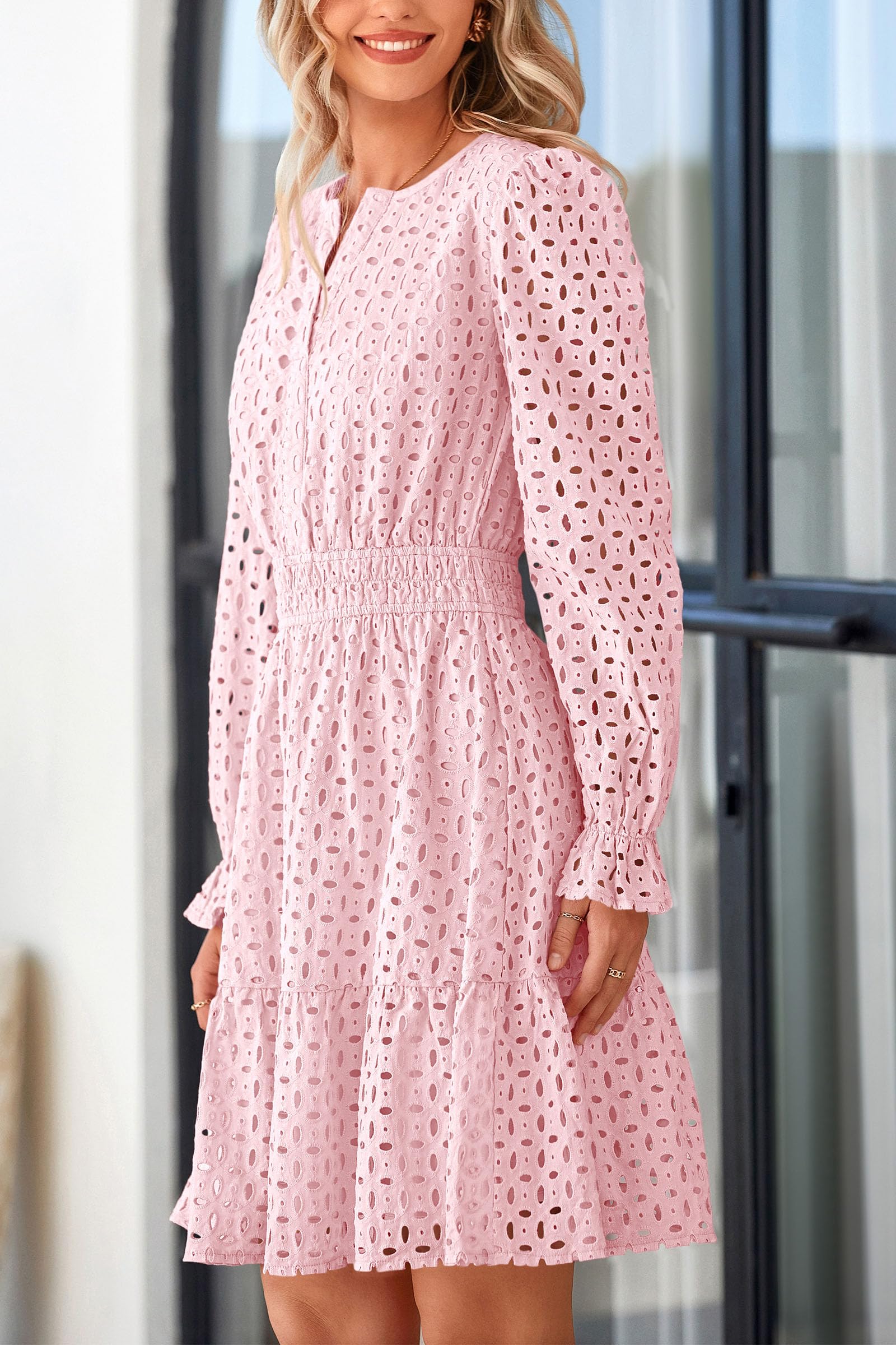 Foto 7 | Minivestido Prettygarden 2025 Para Mujer, Manga Larga, Cuello En V, Rosa - Venta Internacional.