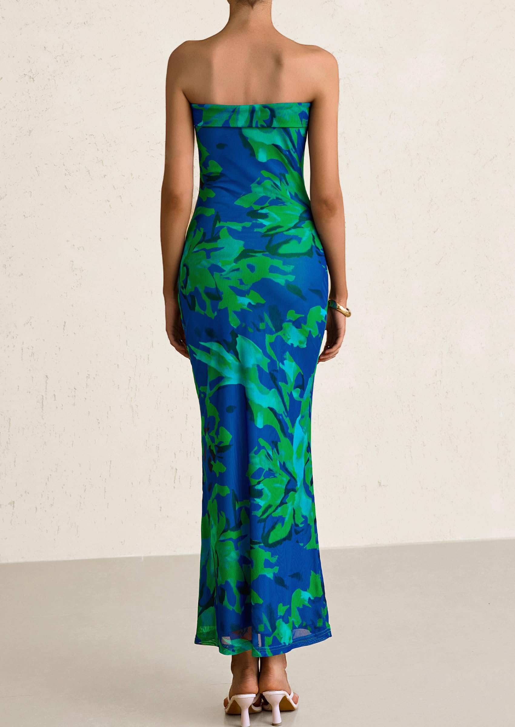 Foto 2 | Vestido Largo Prettygarden Para Mujer, Ajustado Sin Tirantes, Verde Y Floral - Venta Internacional.