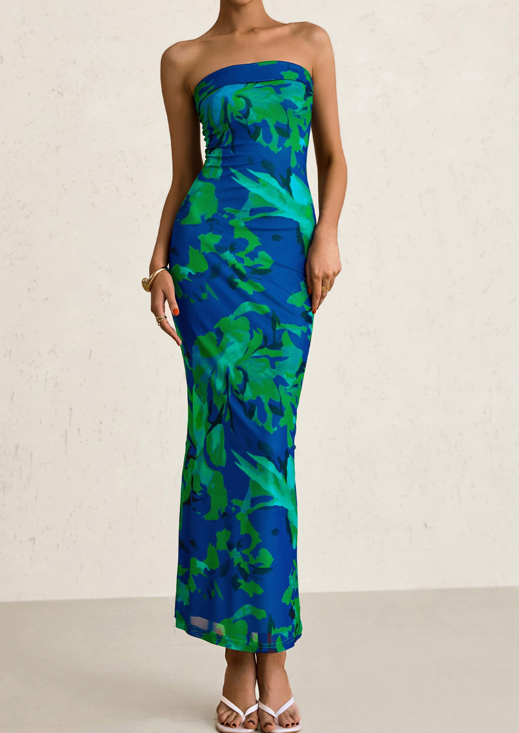 Foto 6 pulgar | Vestido Largo Prettygarden Para Mujer, Ajustado Sin Tirantes, Verde Y Floral - Venta Internacional.