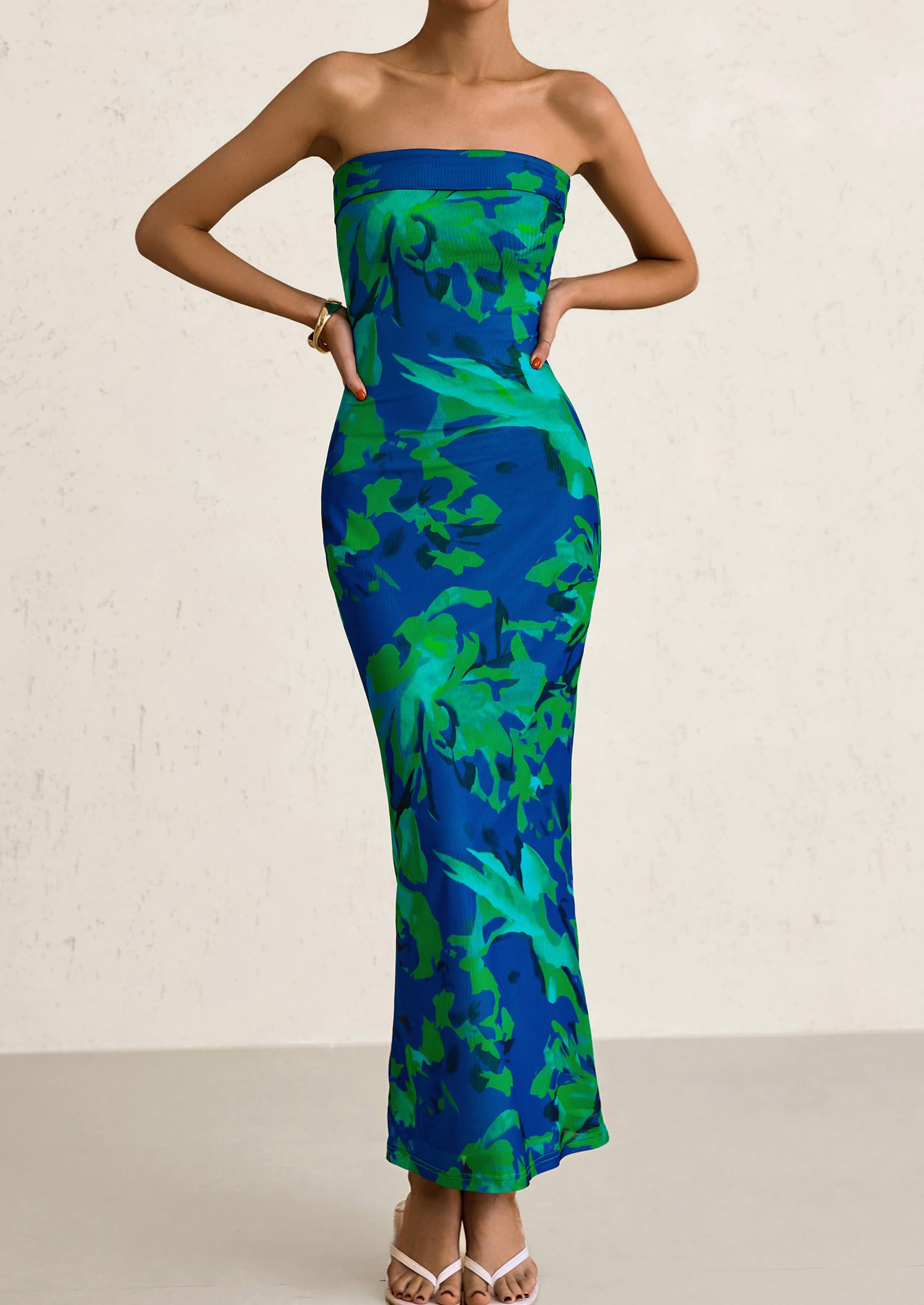 Foto 8 pulgar | Vestido Largo Prettygarden Para Mujer, Ajustado Sin Tirantes, Verde Y Floral - Venta Internacional.