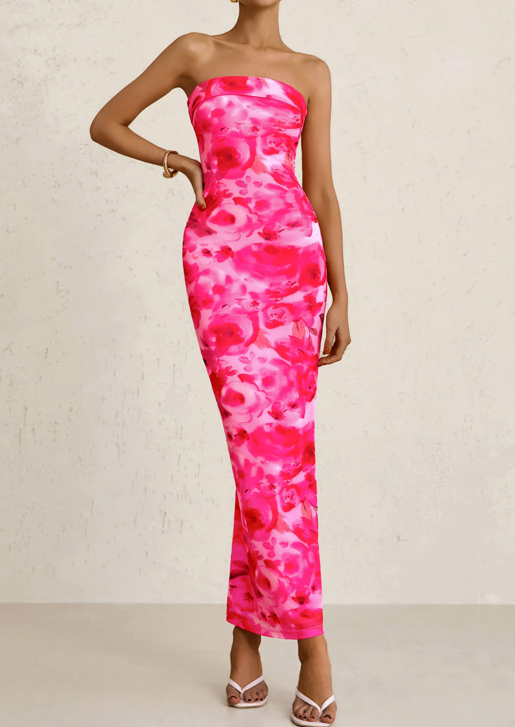 Foto 8 pulgar | Vestido Largo Prettygarden Para Mujer, Ajustado Sin Tirantes, Rosa, Xl - Venta Internacional.