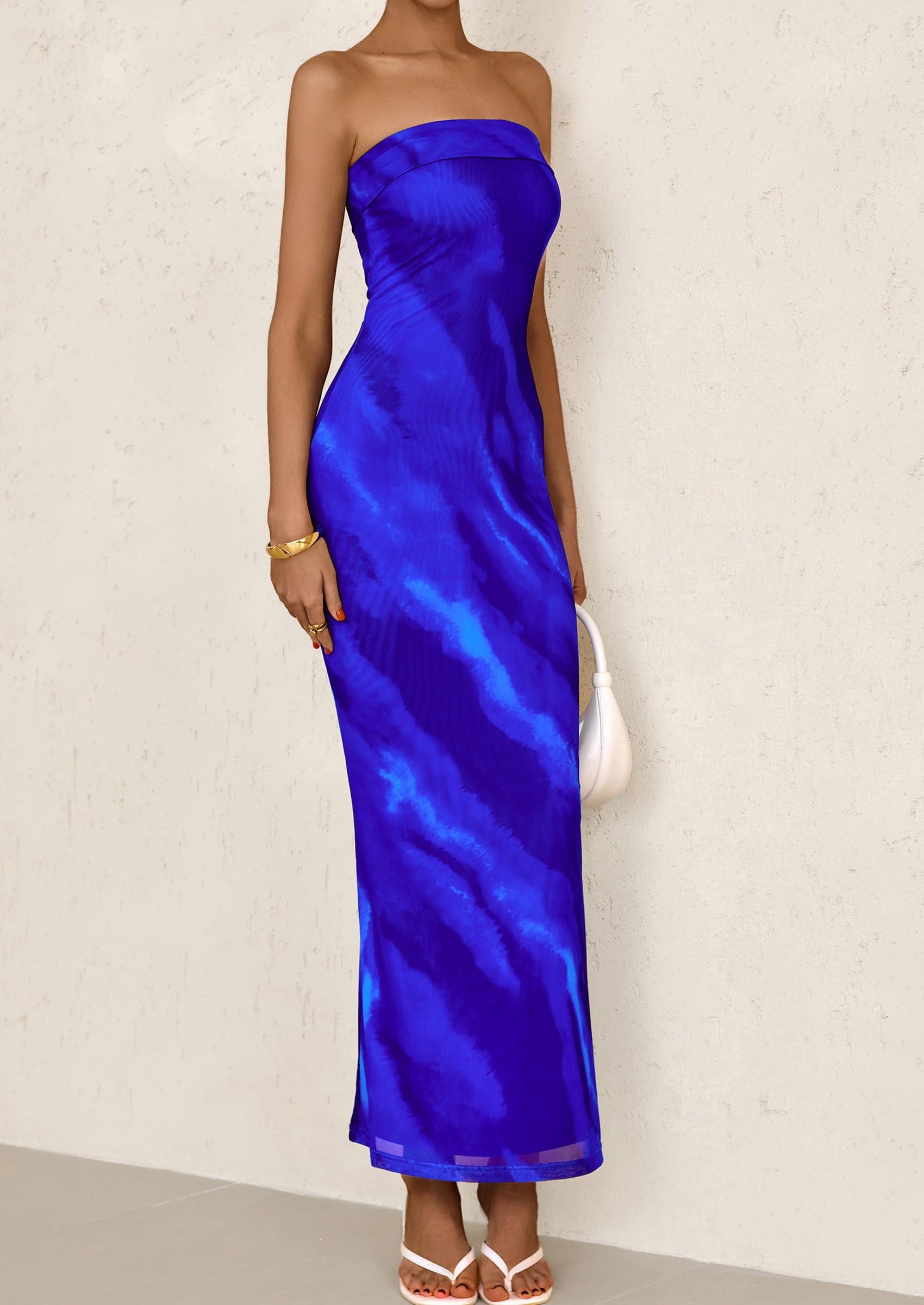 Foto 4 pulgar | Vestido Largo Prettygarden Para Mujer, Ajustado Sin Tirantes, Azul S - Venta Internacional.