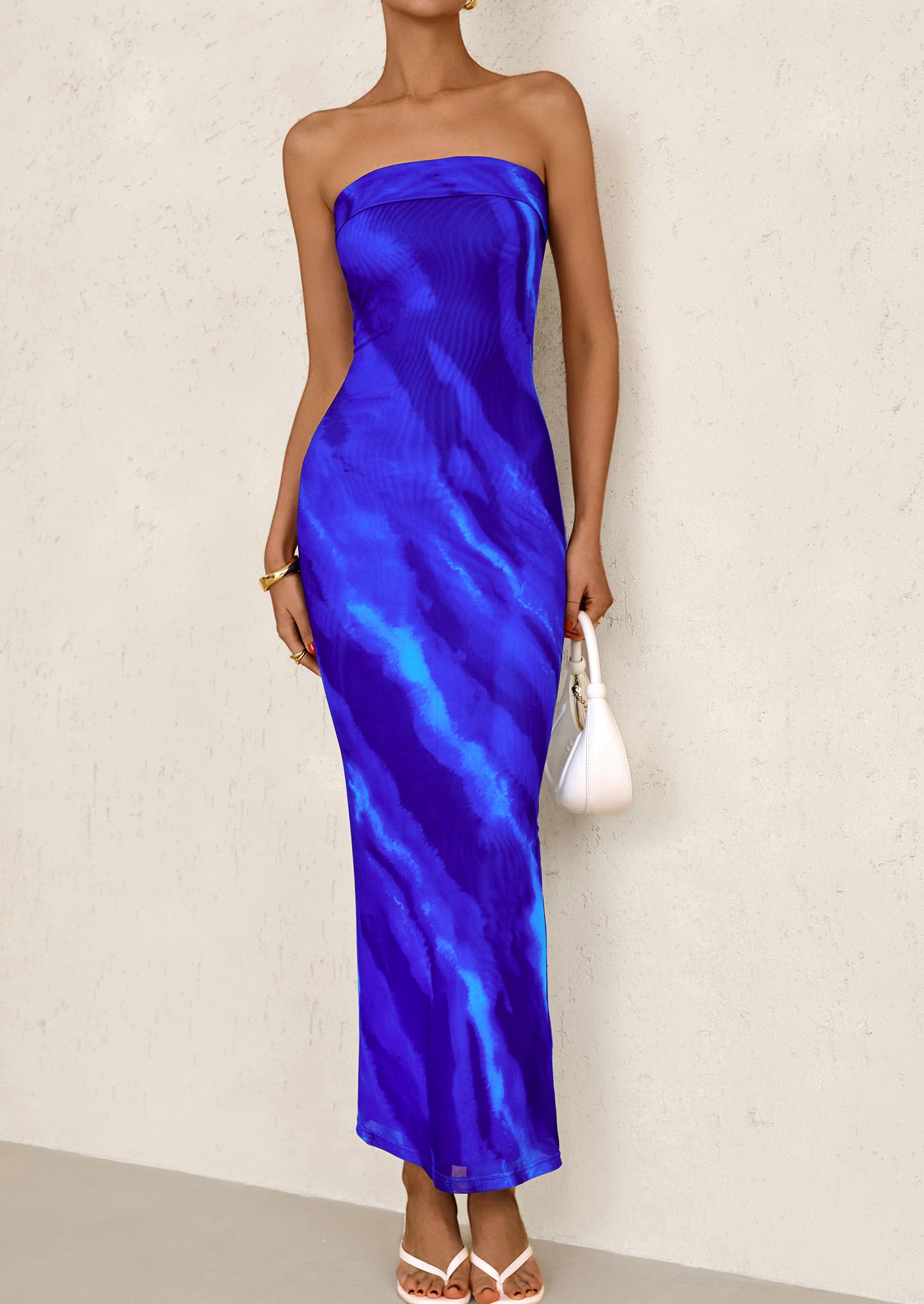 Foto 5 pulgar | Vestido Largo Prettygarden Para Mujer, Ajustado Sin Tirantes, Azul S - Venta Internacional.