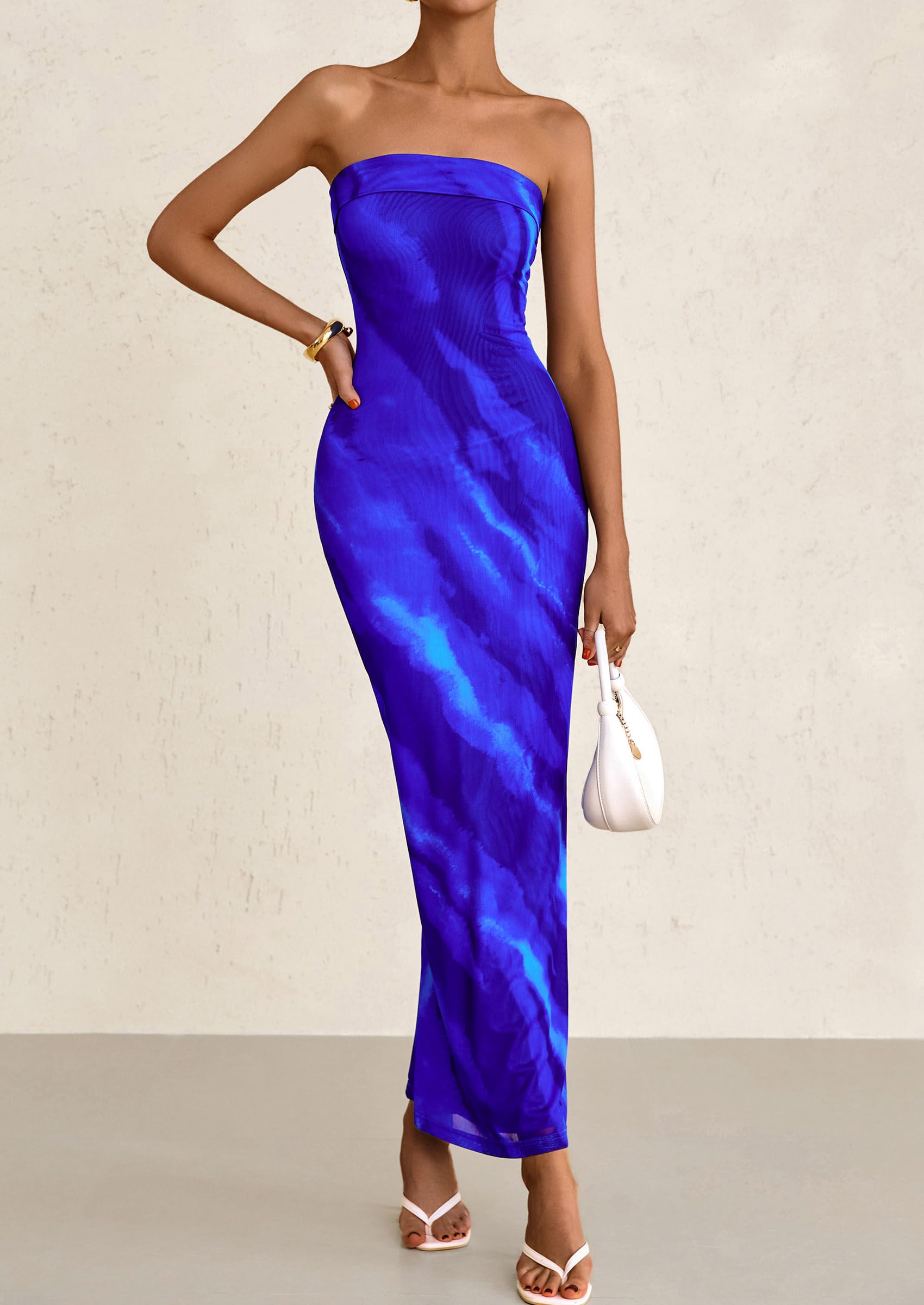 Foto 5 | Vestido Largo Prettygarden Para Mujer, Ajustado Sin Tirantes, Azul S - Venta Internacional.