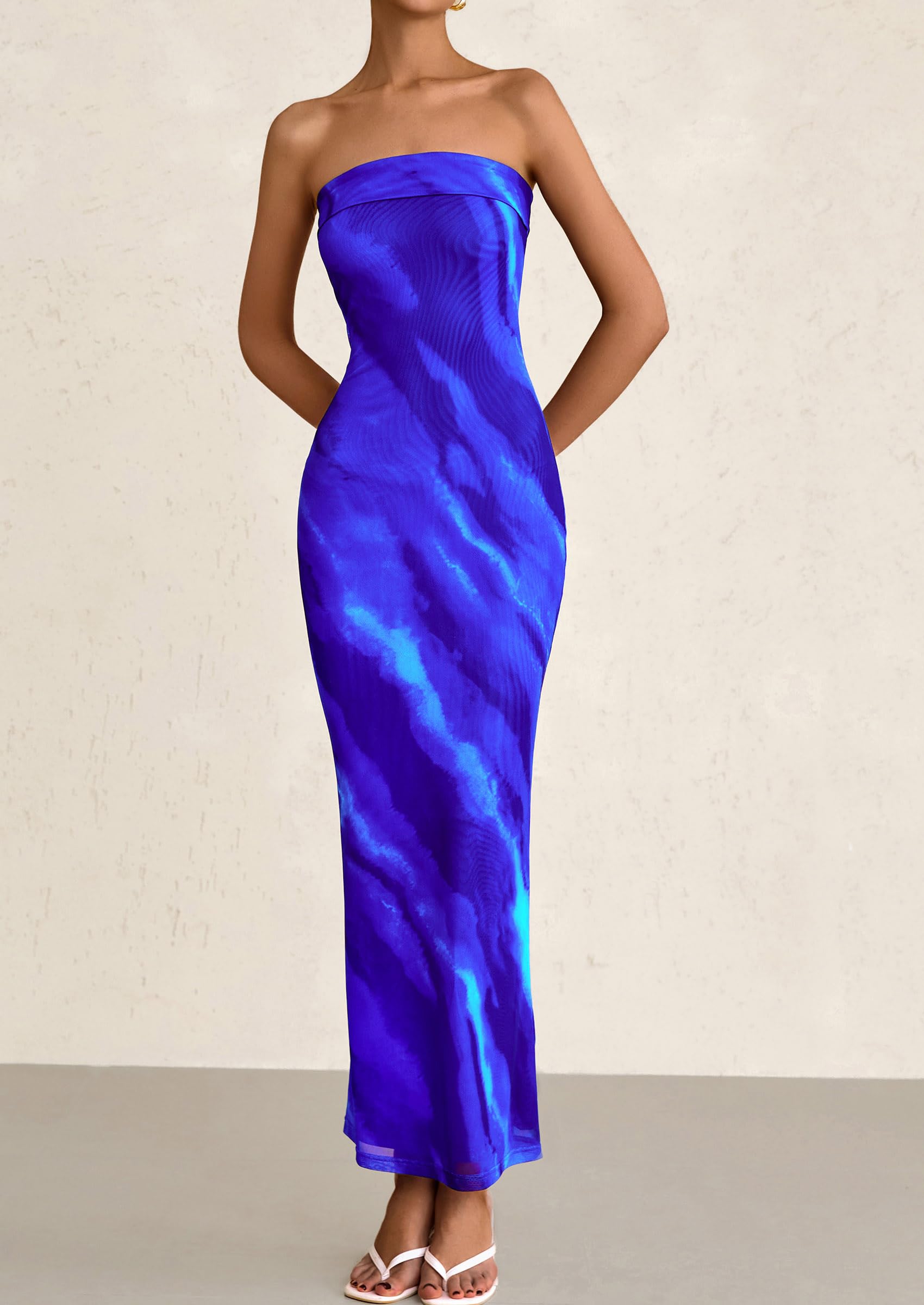 Foto 8 pulgar | Vestido Largo Prettygarden Para Mujer, Ajustado Sin Tirantes, Azul S - Venta Internacional.