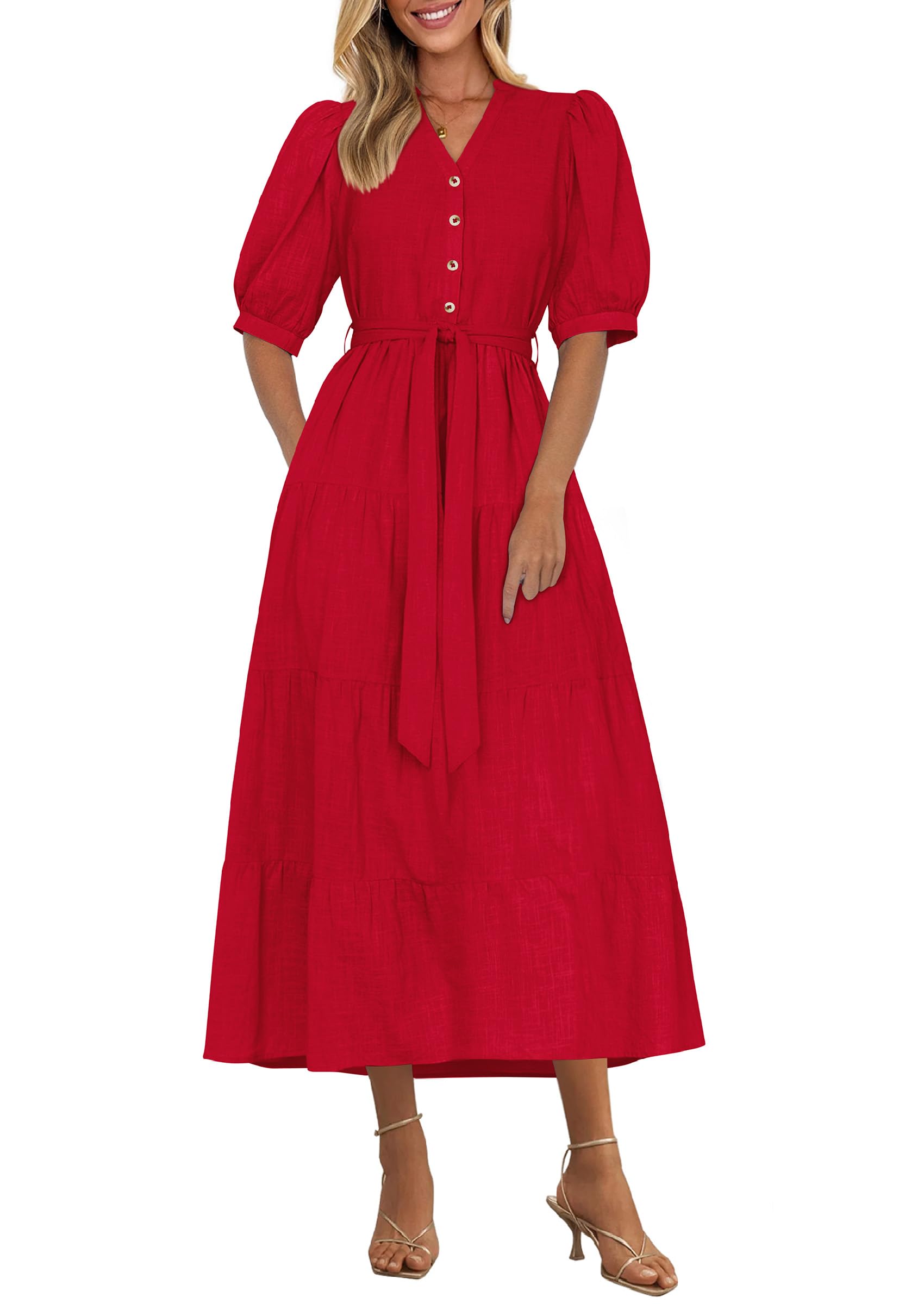 Vestido Midi Prettygarden 2025 Con Cuello En V Y Manga Corta Con Bolsillos - Venta Internacional.
