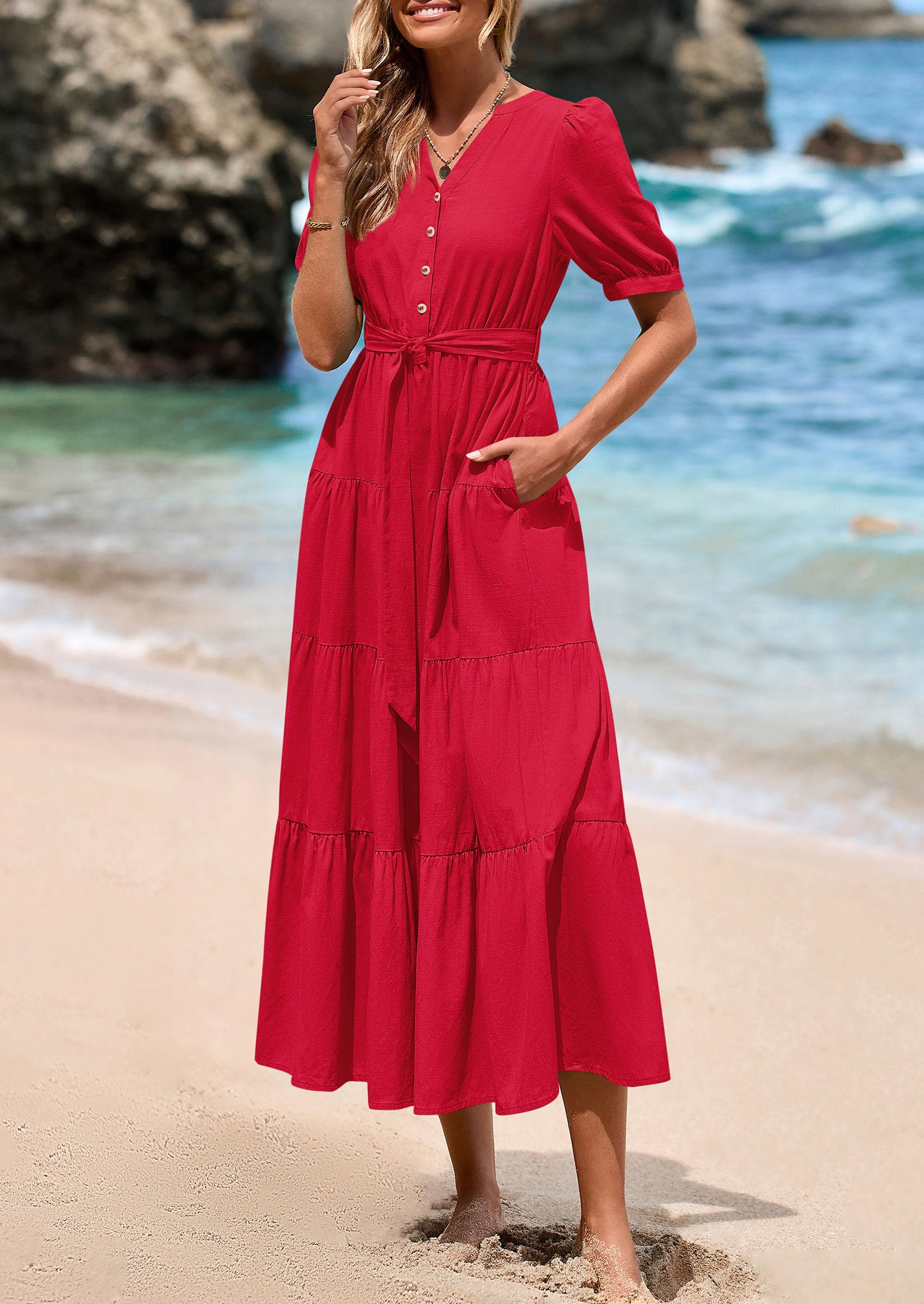 Foto 5 pulgar | Vestido Midi Prettygarden 2025 Con Cuello En V Y Manga Corta Con Bolsillos - Venta Internacional.