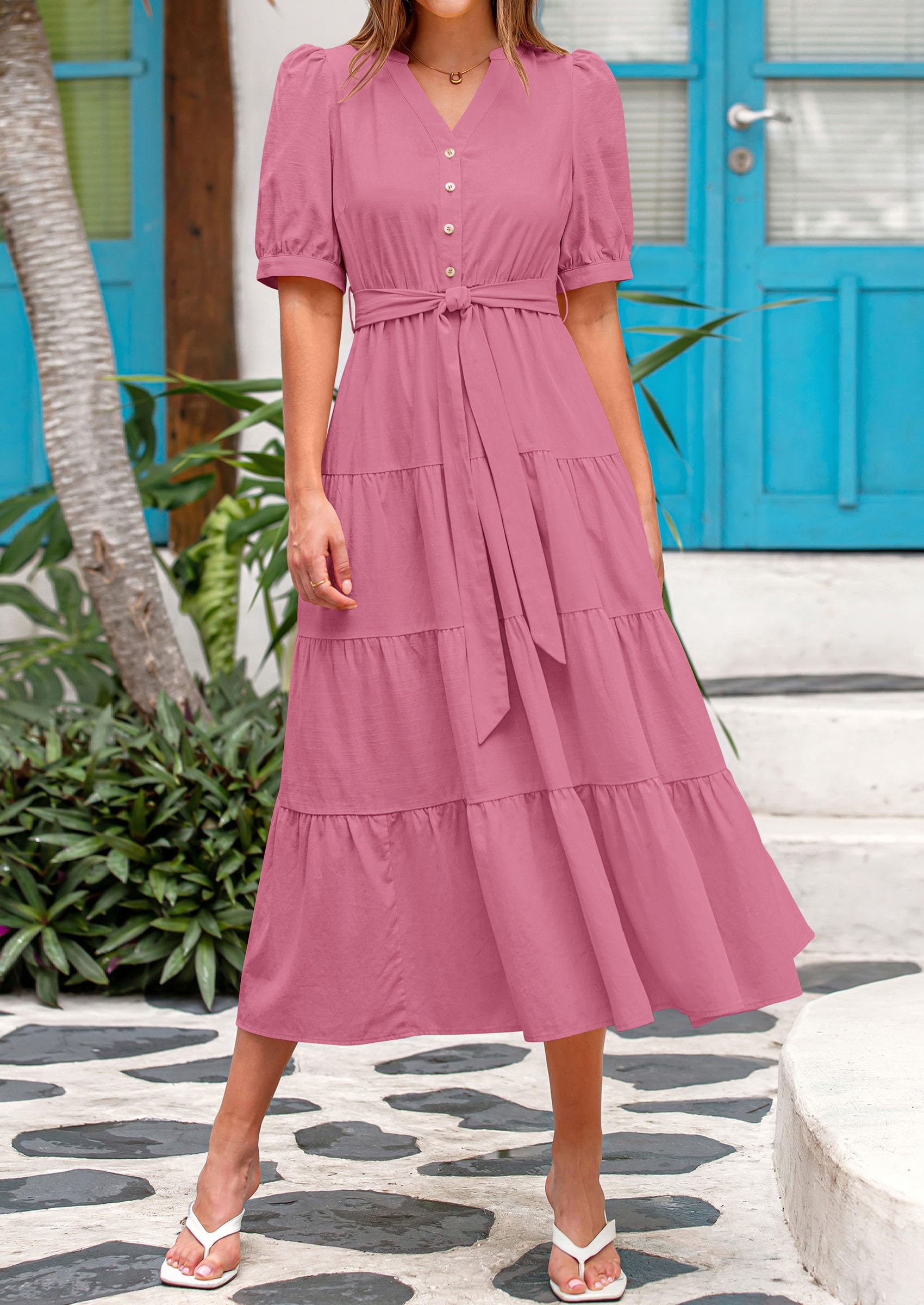 Foto 4 pulgar | Vestido Midi Prettygarden Para Mujer, Verano 2025, Cuello En V, Con Volantes - Venta Internacional.