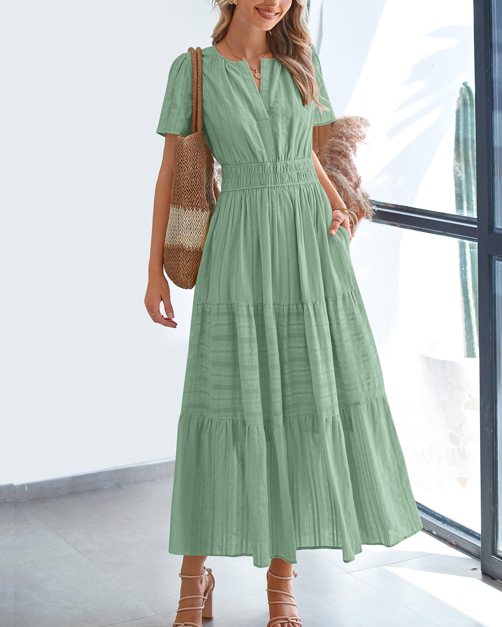 Foto 3 pulgar | Vestido Casual Btfbm Para Mujer, Verano 2025, Cuello En V, Maxi Con Bolsillos - Venta Internacional.