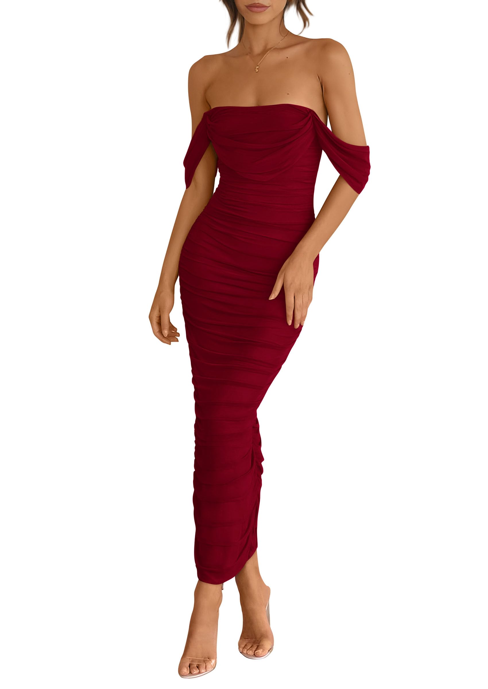Vestido Prettygarden Para Mujer, Verano 2025, Hombros Descubiertos, Rojo Vino - Venta Internacional.