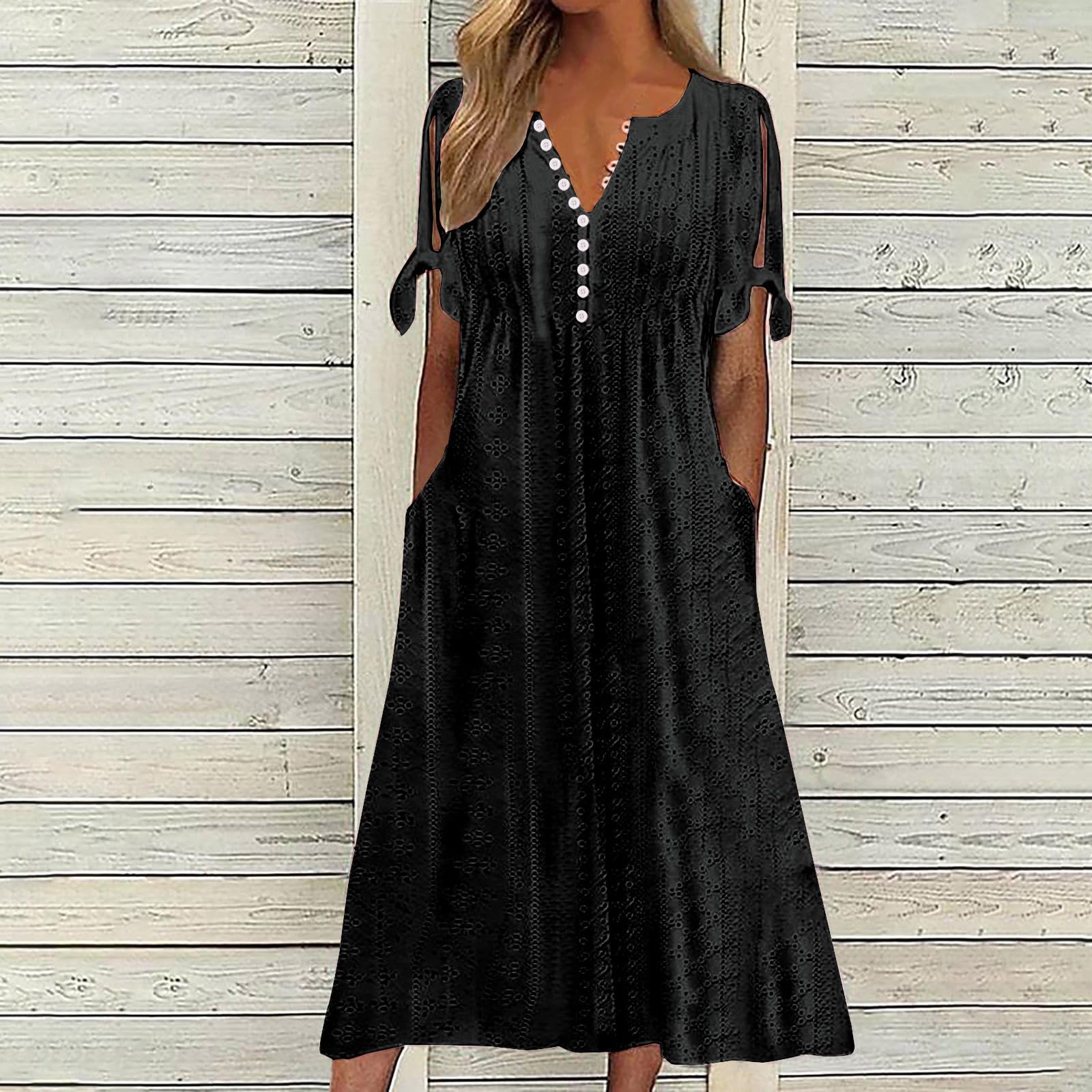 Foto 3 pulgar | Vestido De Verano Genérico Con Hombros Descubiertos Y Ojales, Cuello En V, 2025, Mujer - Venta Internacional.