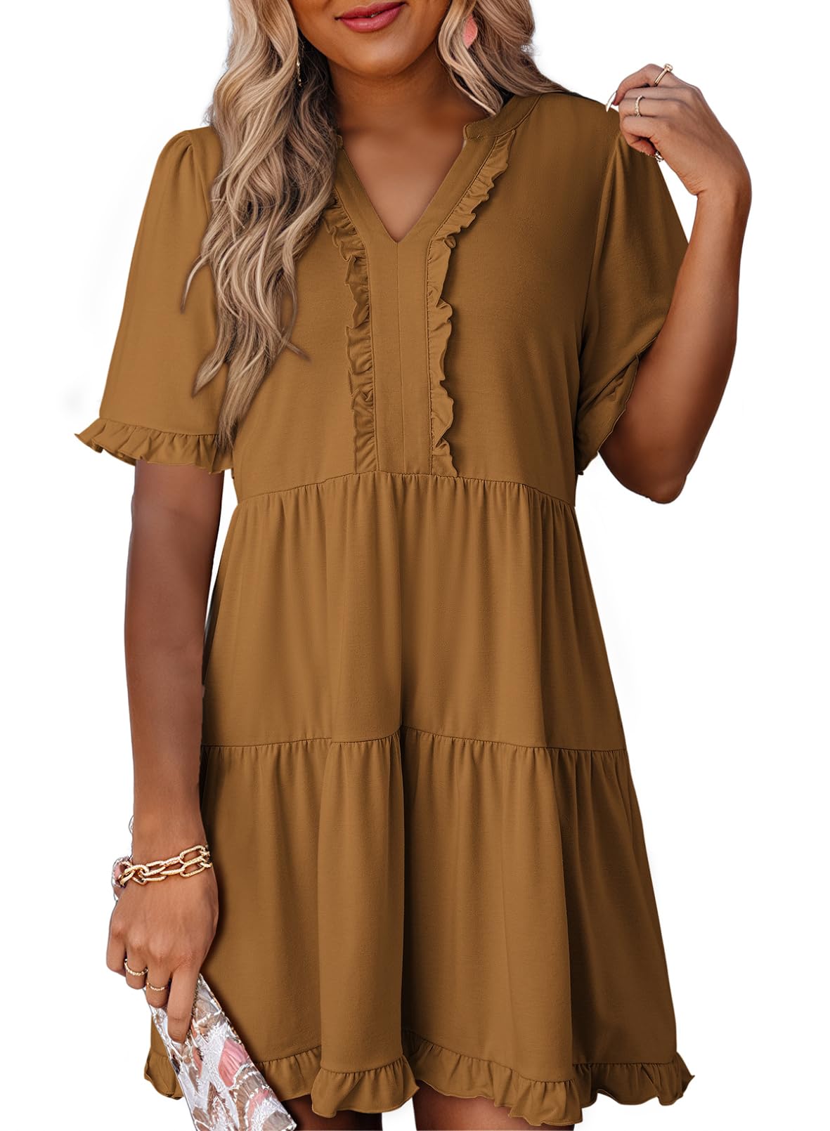 Vestido De Verano Dokotoo 2025 Con Cuello En V Y Manga Corta Marrón Xl - Venta Internacional.