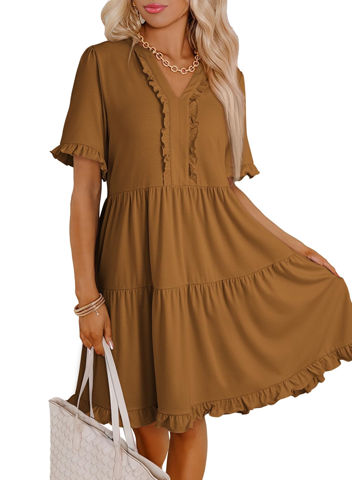 Foto 2 | Vestido De Verano Dokotoo 2025 Con Cuello En V Y Manga Corta Marrón Xl - Venta Internacional.