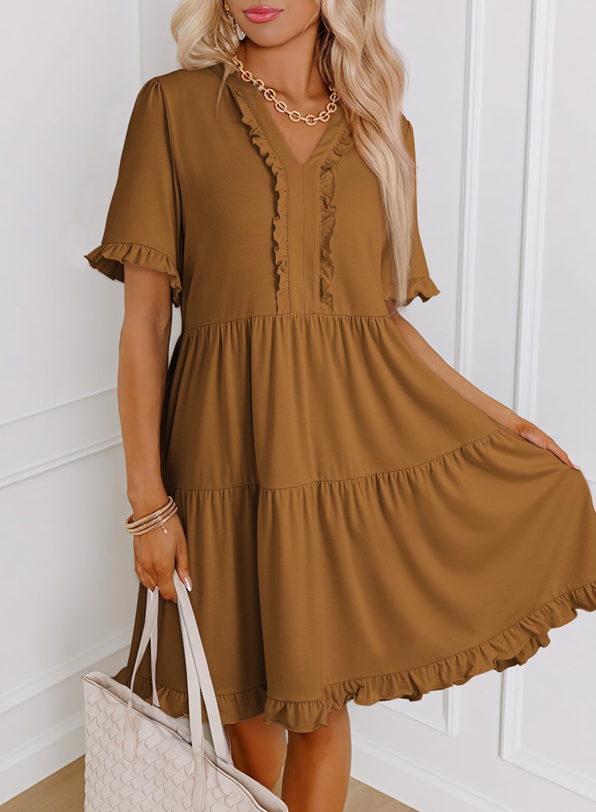 Foto 4 pulgar | Vestido De Verano Dokotoo 2025 Con Cuello En V Y Manga Corta Marrón Xl - Venta Internacional.