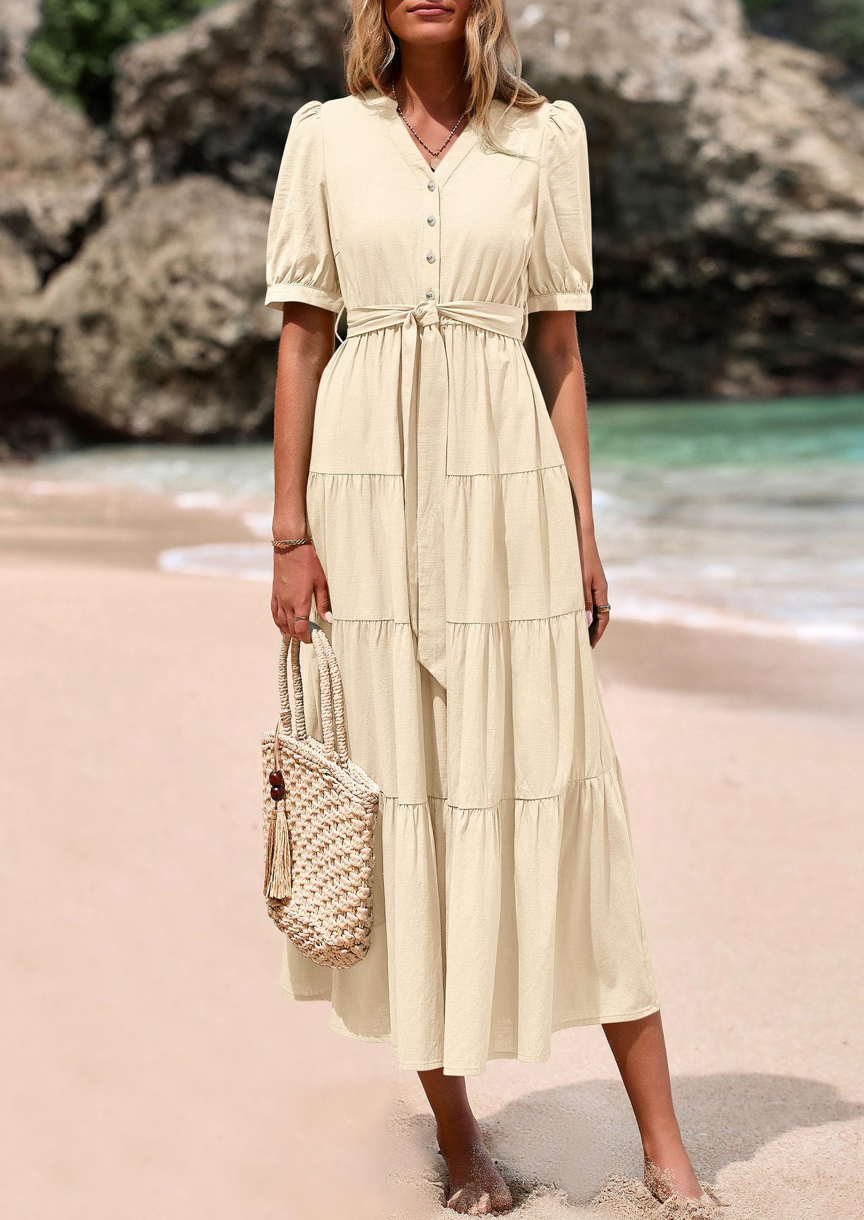 Foto 4 pulgar | Vestido Midi Prettygarden Para Mujer, Verano 2025, Cuello En V Con Bolsillos - Venta Internacional.