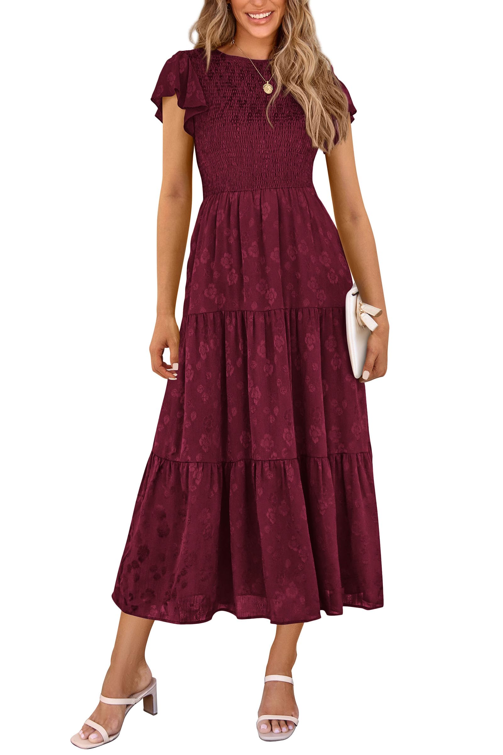 Foto 2 pulgar | Vestido Midi Prettygarden Para Mujer, Floral, Verano 2025, Rojo Vino - Venta Internacional.