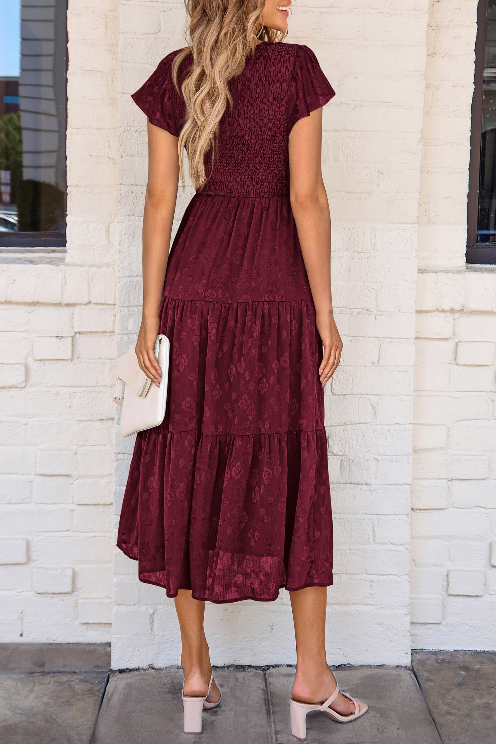 Foto 2 | Vestido Midi Prettygarden Para Mujer, Floral, Verano 2025, Rojo Vino - Venta Internacional.