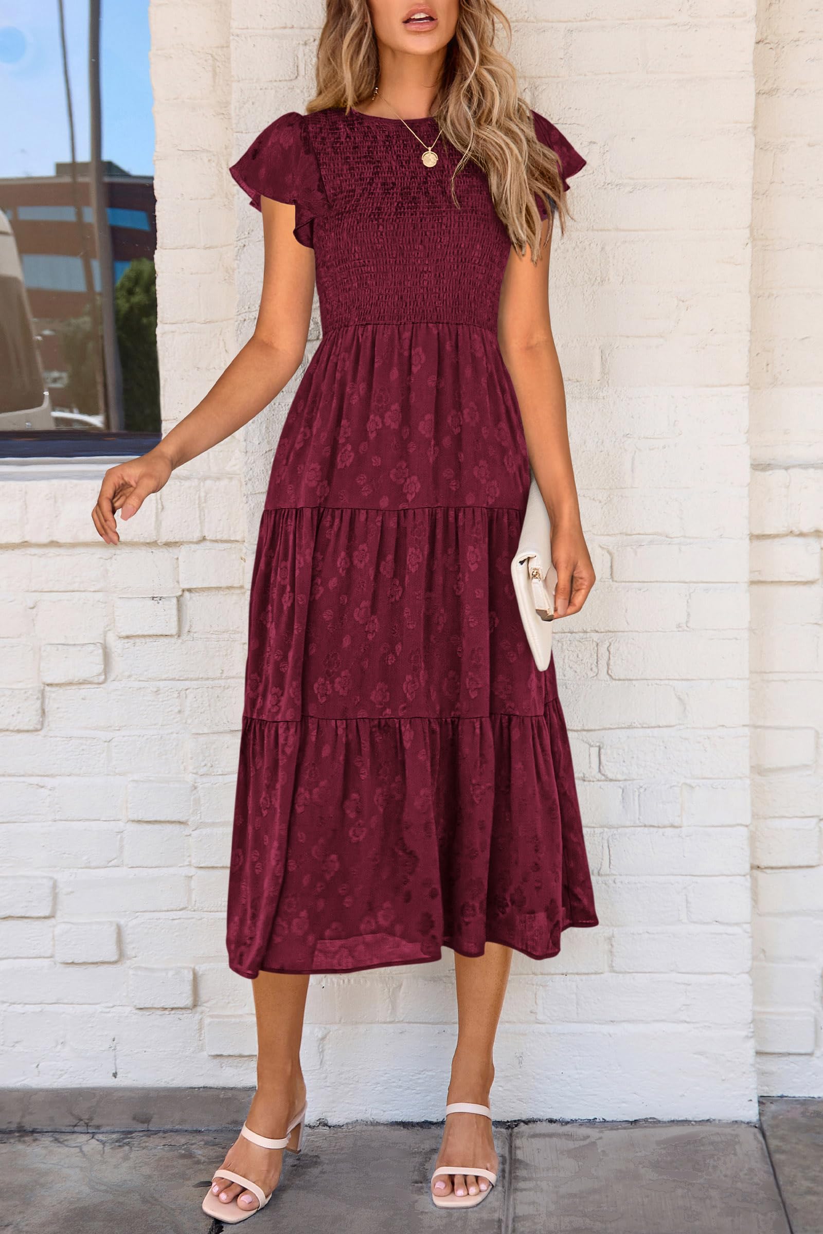 Foto 4 pulgar | Vestido Midi Prettygarden Para Mujer, Floral, Verano 2025, Rojo Vino - Venta Internacional.
