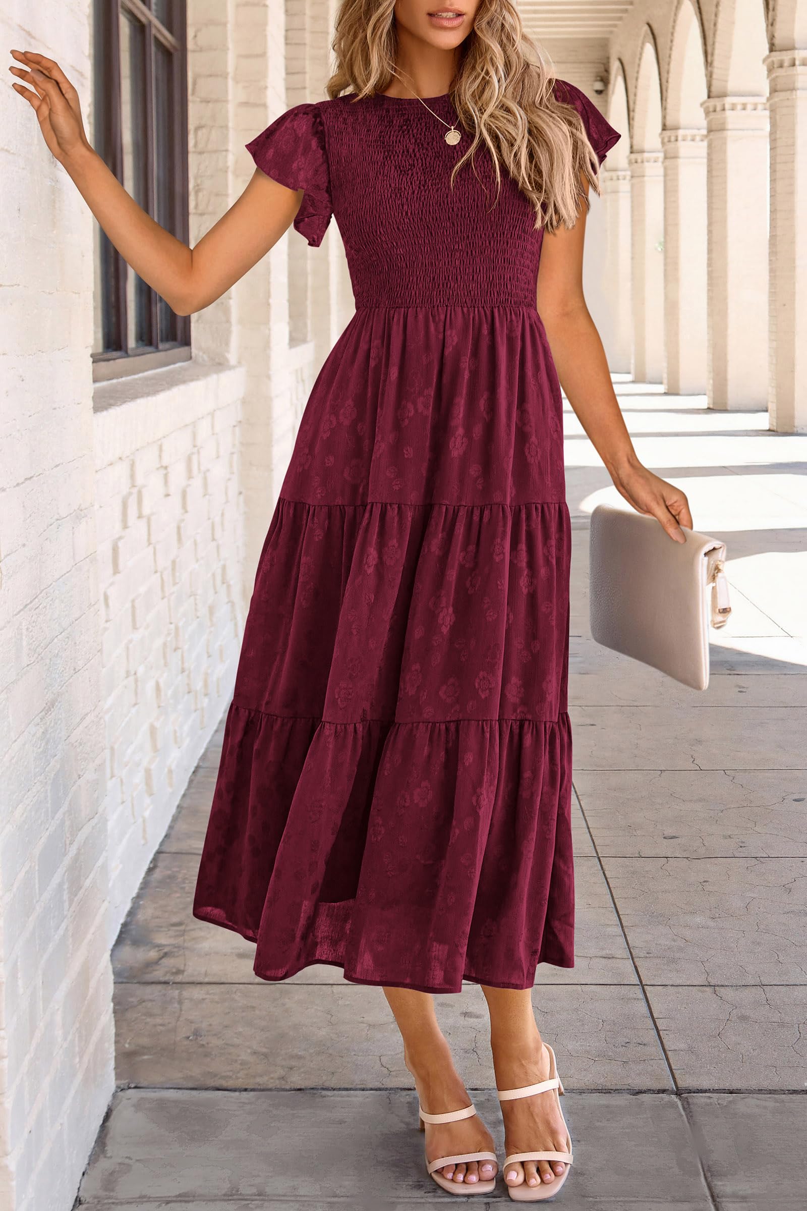 Foto 5 pulgar | Vestido Midi Prettygarden Para Mujer, Floral, Verano 2025, Rojo Vino - Venta Internacional.
