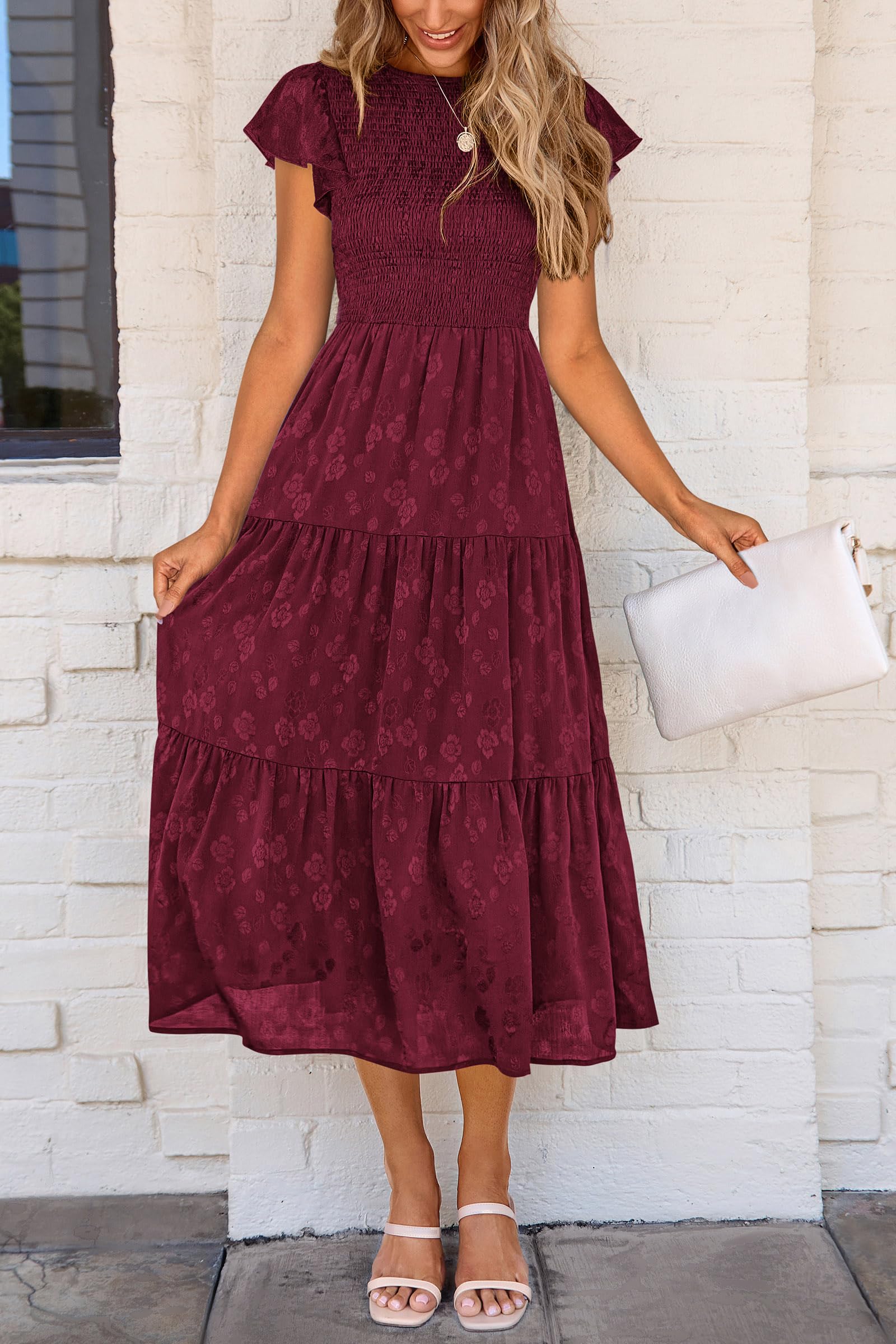 Foto 6 pulgar | Vestido Midi Prettygarden Para Mujer, Floral, Verano 2025, Rojo Vino - Venta Internacional.