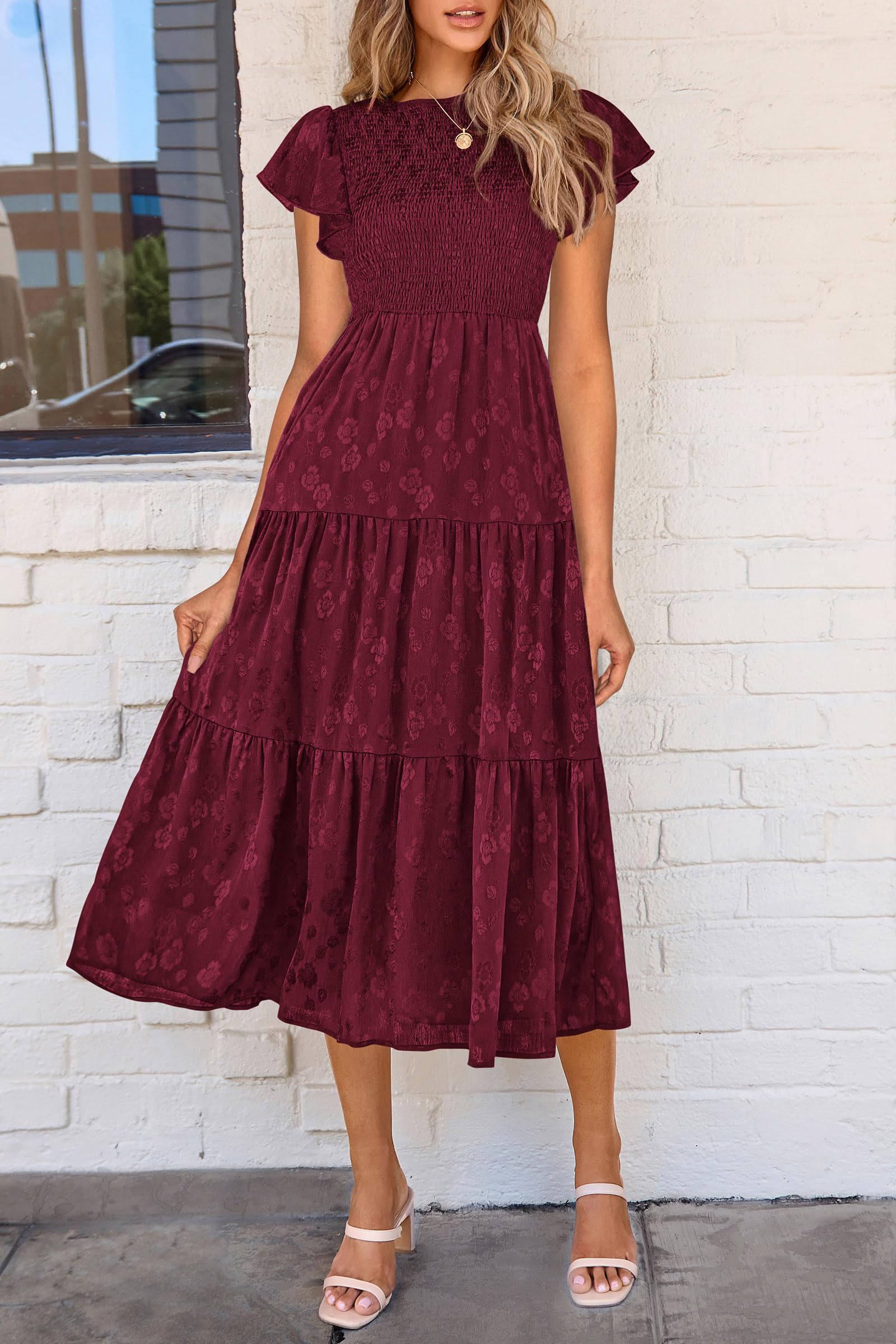 Foto 8 pulgar | Vestido Midi Prettygarden Para Mujer, Floral, Verano 2025, Rojo Vino - Venta Internacional.