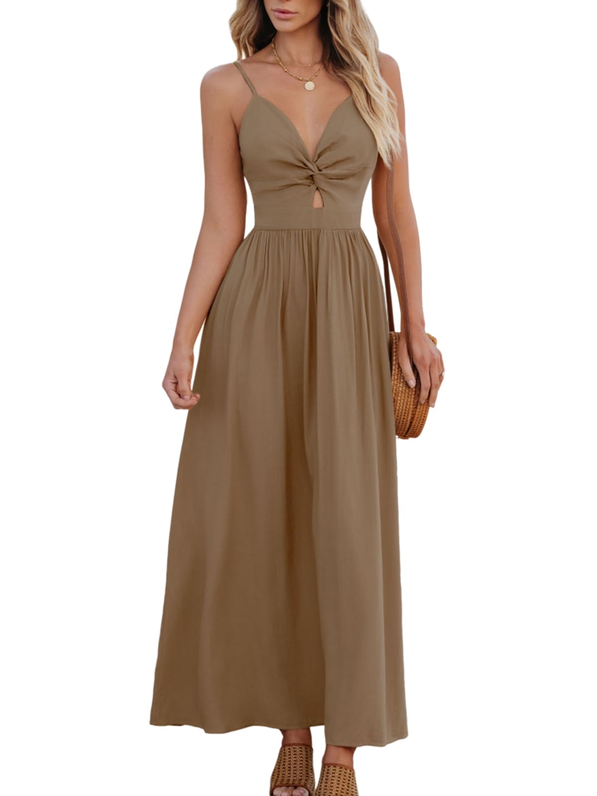 Vestido Largo Cupshe Para Mujer, Cuello En V, Sin Mangas, Playa, Verano, Café - Venta Internacional.