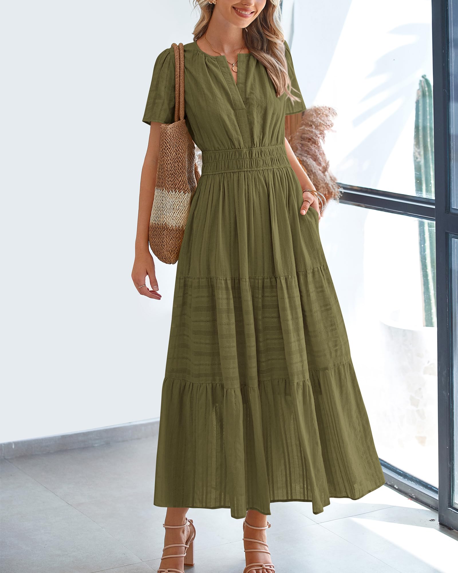 Foto 3 pulgar | Vestido Casual Btfbm Para Mujer, Verano 2025, Cuello En V, Verde Militar - Venta Internacional.