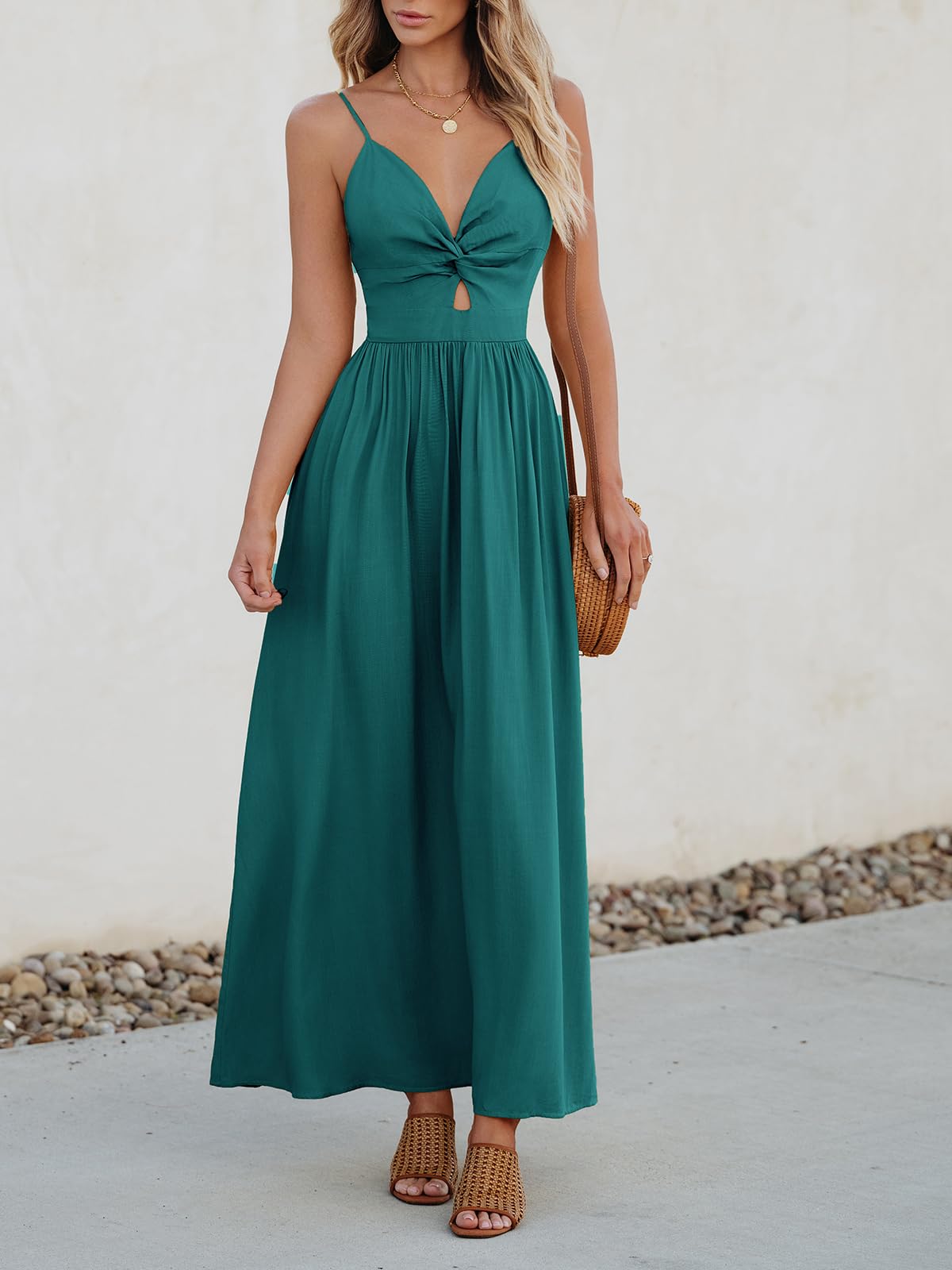 Foto 7 | Vestido Largo Cupshe Con Cuello En V Y Corte Torcido, Sin Mangas, Verde Azulado - Venta Internacional.