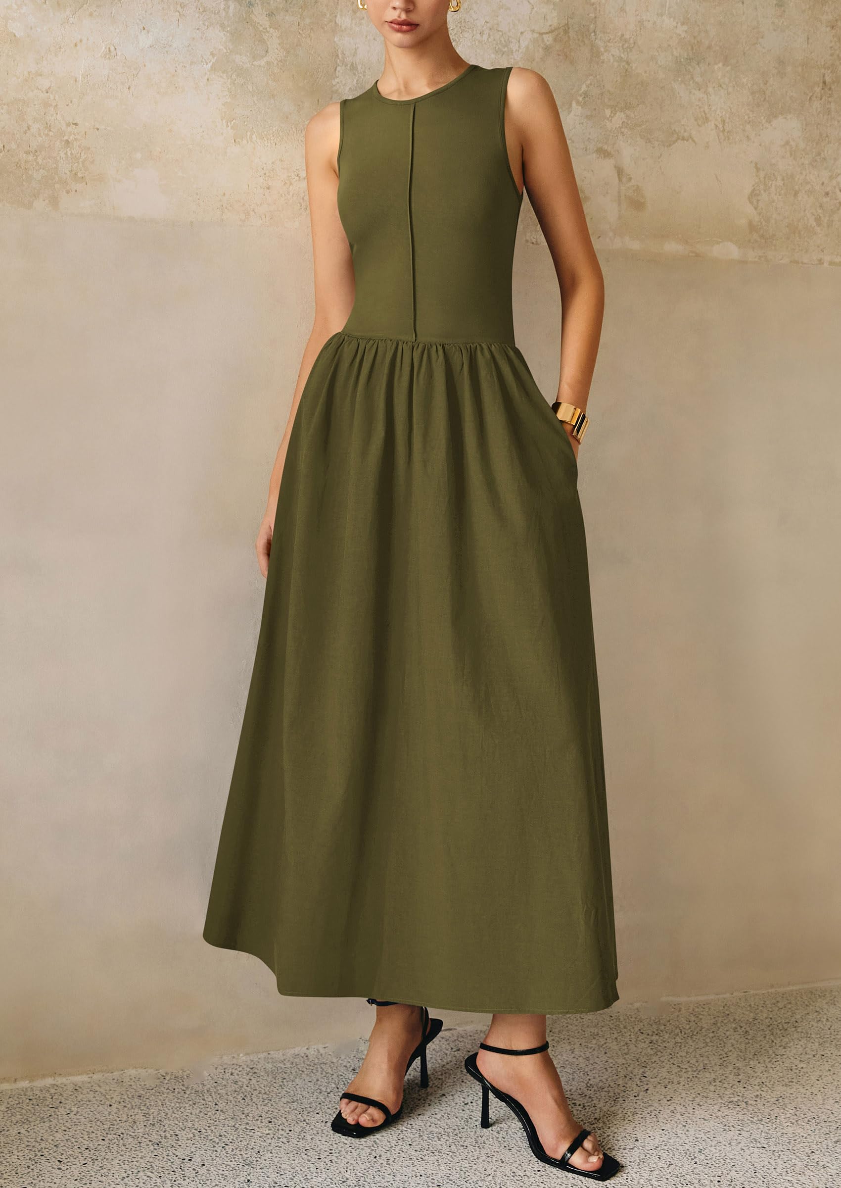 Foto 4 pulgar | Vestido Largo Prettygarden Para Mujer 2025, Verano, Patchwork, Verde Militar - Venta Internacional.