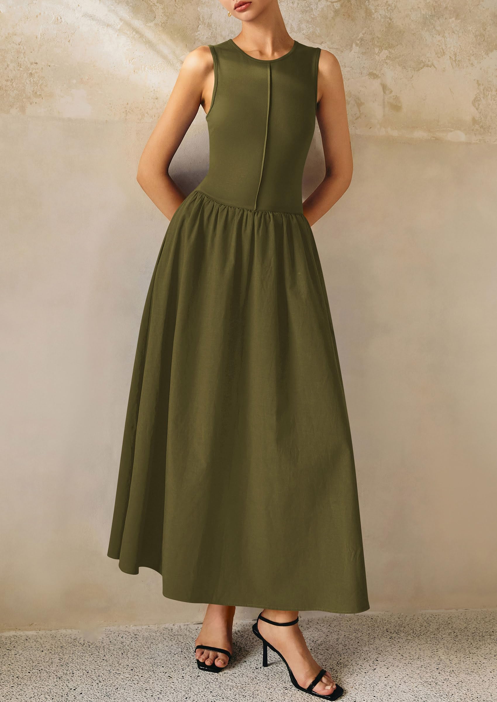 Foto 6 pulgar | Vestido Largo Prettygarden Para Mujer 2025, Verano, Patchwork, Verde Militar - Venta Internacional.