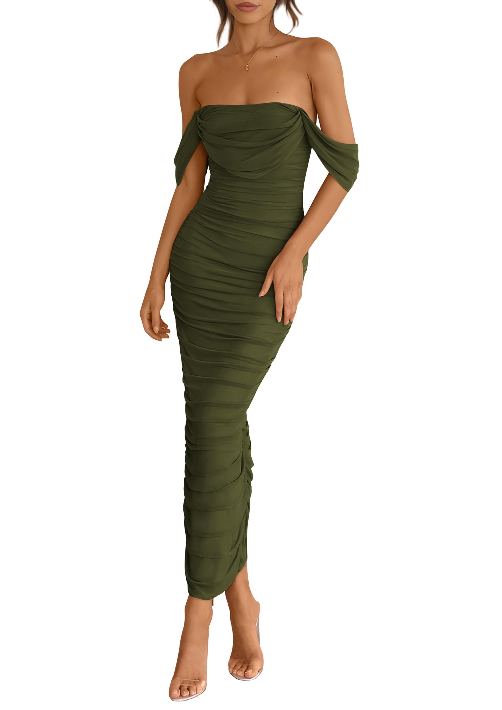 Foto 2 pulgar | Vestido Prettygarden Maxi Army Para Mujer, Verano 2025, Con Hombros Descubiertos - Venta Internacional.